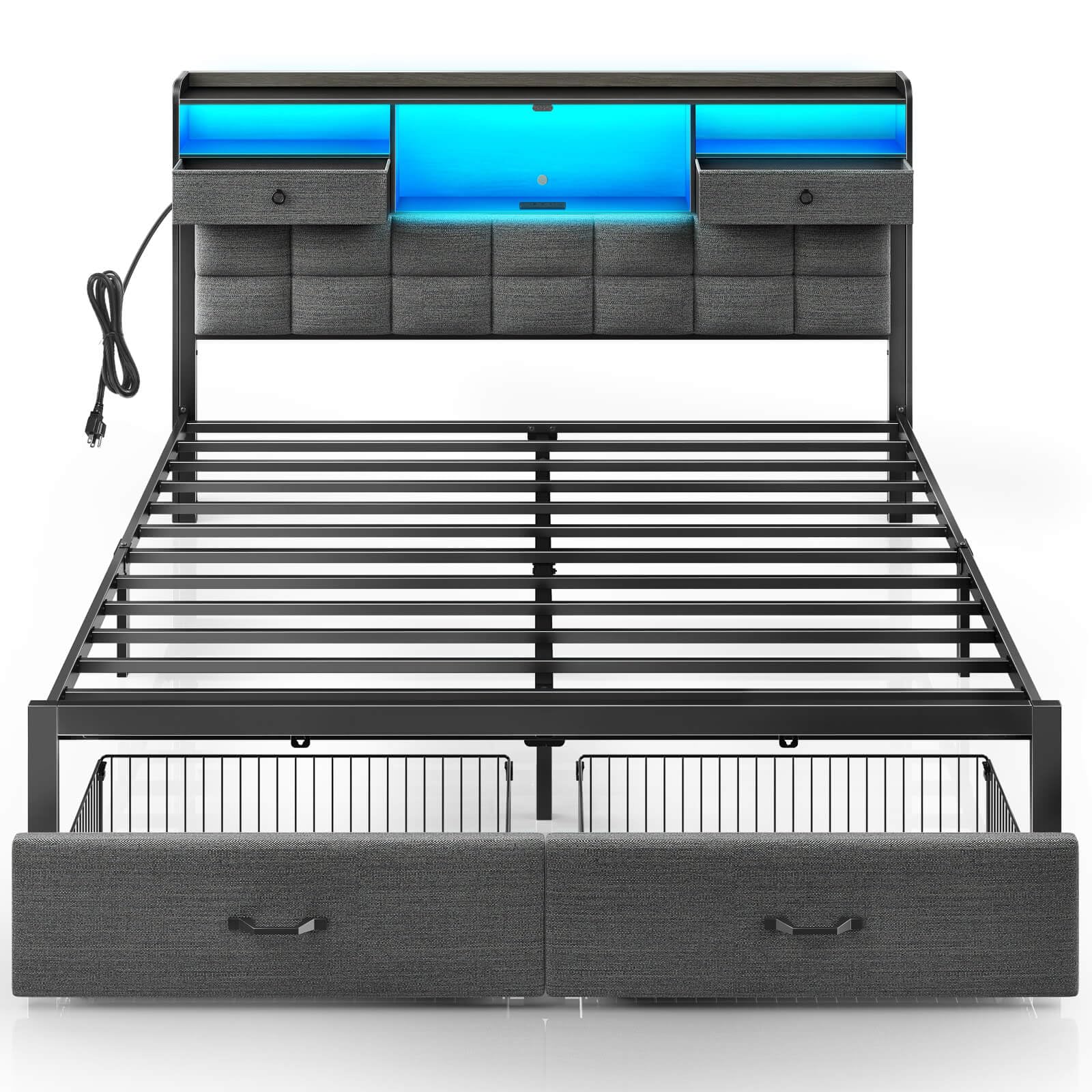 Rolanstar King Size Upholstered Platform Bed Frame with Storage Drawers, USB Charging Station & LED Headboard - Heavy Duty Metal Frame, No Box Spring Needed, Noise Free (Grey) - Perfect for Modern Bedrooms, Guest Rooms & Small Spaces