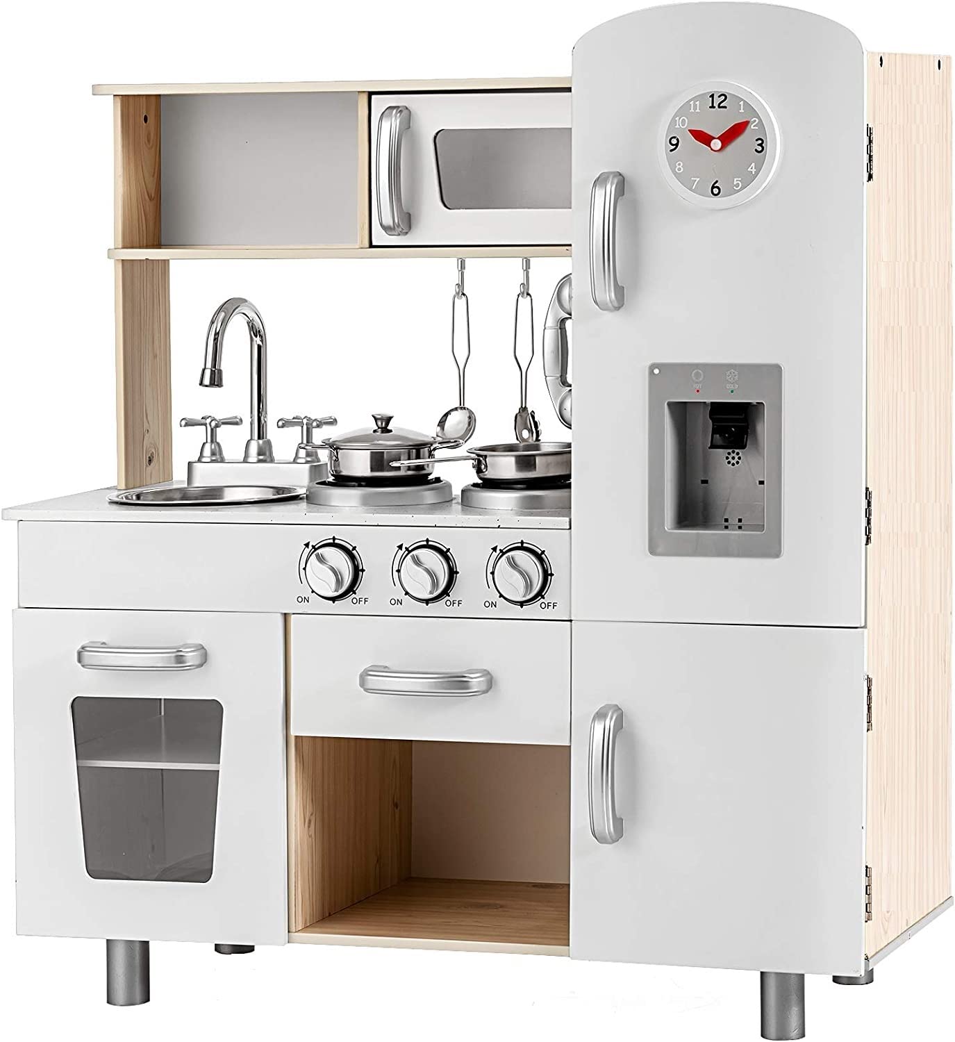 OLAKIDS Wooden Play Kitchen Set for Toddlers - Pretend Play Toy with Lights, Sounds, Water Dispenser, Fridge & Microwave - Educational Cooking Gift for Boys & Girls - Perfect for Home, Preschool & Daycare Role Play Activities