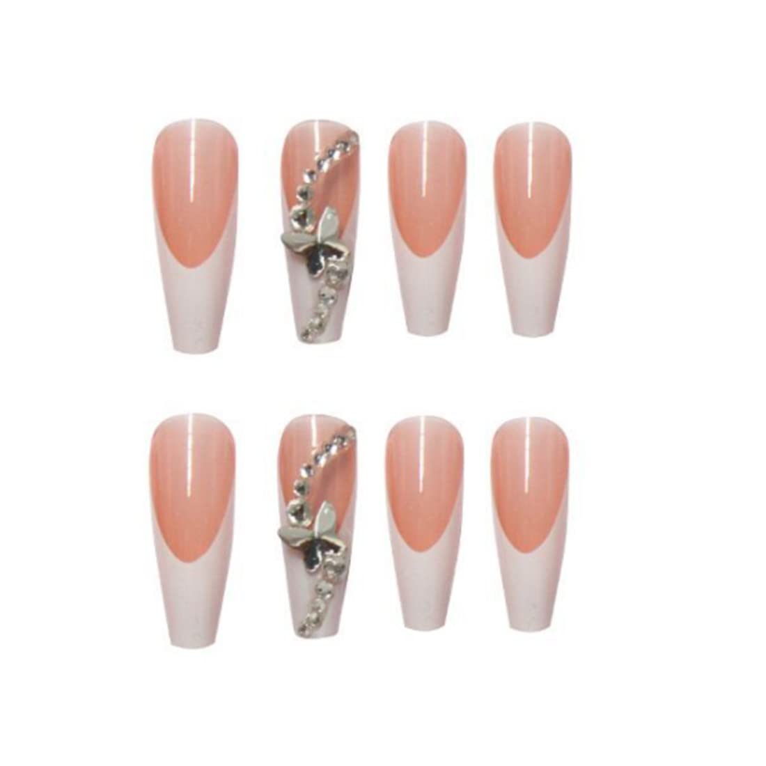 SINLOV 24pcs Coffin Fake Nails - Pink Butterfly Glossy Press on False Nails, Long Ballerina Artificial Nails, Full Cover Nail Tips for Women & Girls | Perfect for Parties, Weddings, and Special Occasions
