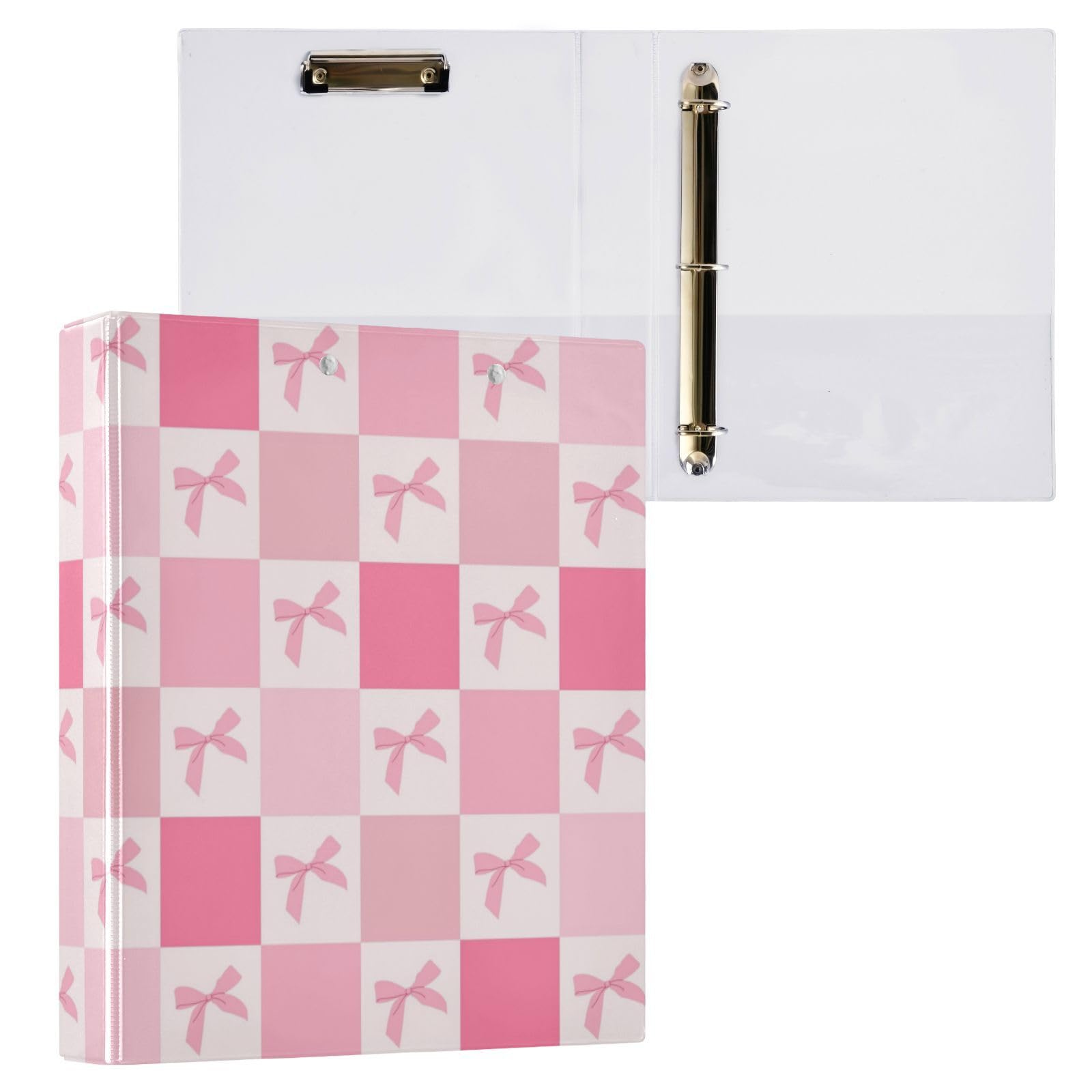 Pink Checkered 3-Ring Binder with Bow Design - Metal Clip Notebook for School, Office & Home - 1 Pack | Perfect for Organizing Notes, Documents & Homework