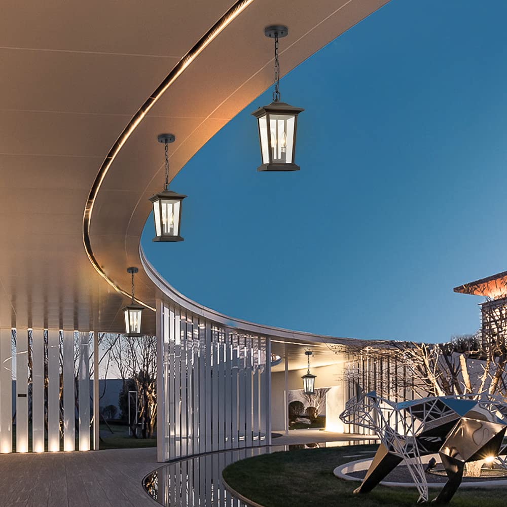 Modern Matte Black Outdoor Pendant Light - 2-Light Exterior Hanging Lantern with Clear Glass for Porch, Patio & Garden Lighting | Weather-Resistant & Stylish Design