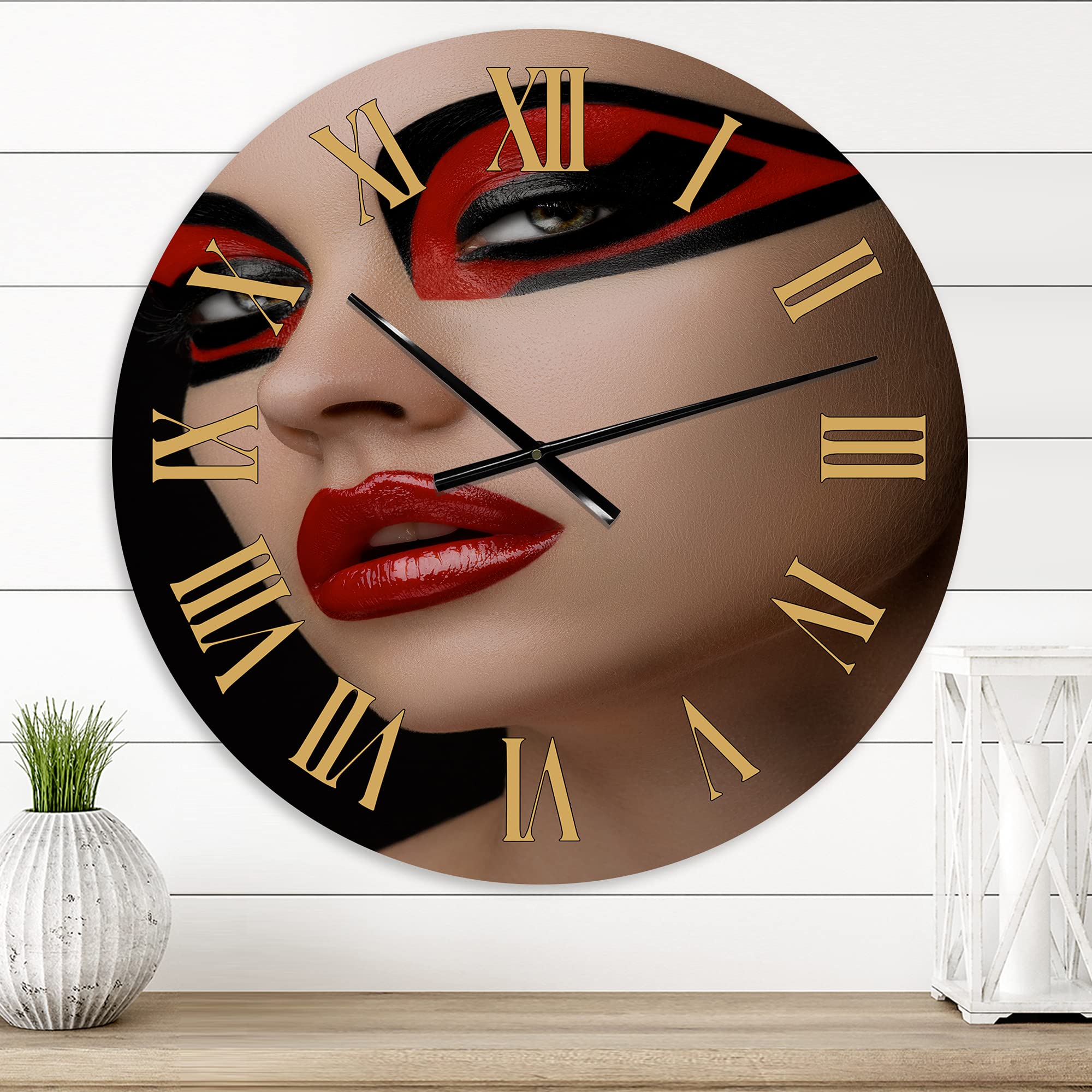 DesignQ Modern Red Lips Black Makeup Mask Women Wall Clock - Large Decorative Clock for Bedroom, Living Room & Office - Perfect for Home Decor & Gift Giving