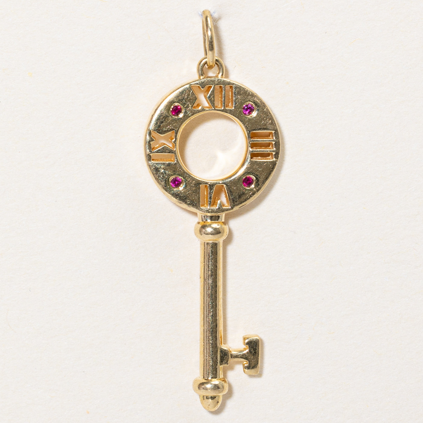 Tiffany & Co 18k Gold Atlas Pierced Key Pendant with Ruby | 0.01ctw | Elegant Jewelry for Women, Perfect Gift for Anniversary, Birthday & Special Occasions