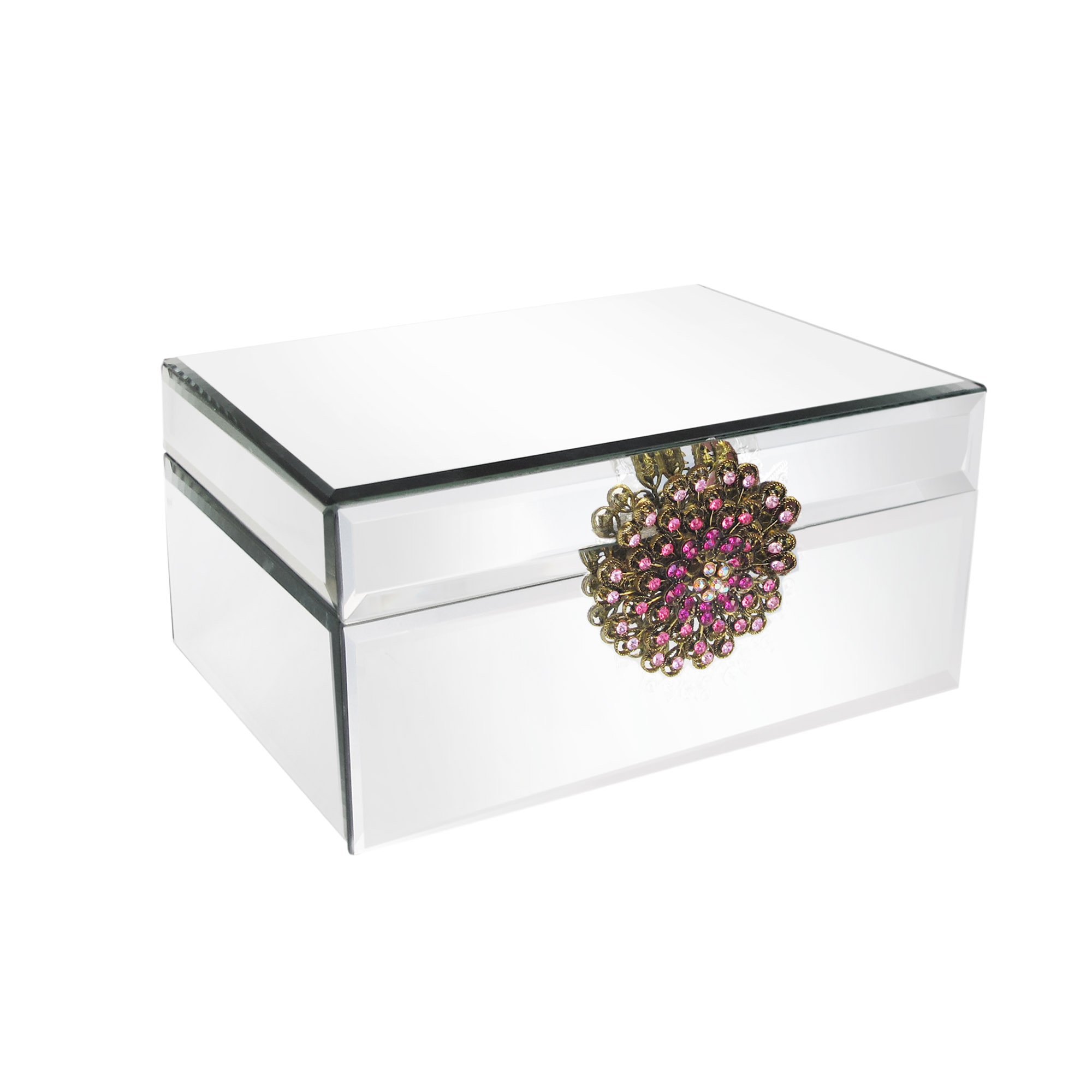 Elegant Pink Mirror Jewelry Box with Brooch - Perfect for Vanity Organizer, Gift & Travel Storage - Ideal for Makeup, Rings & Necklaces Display