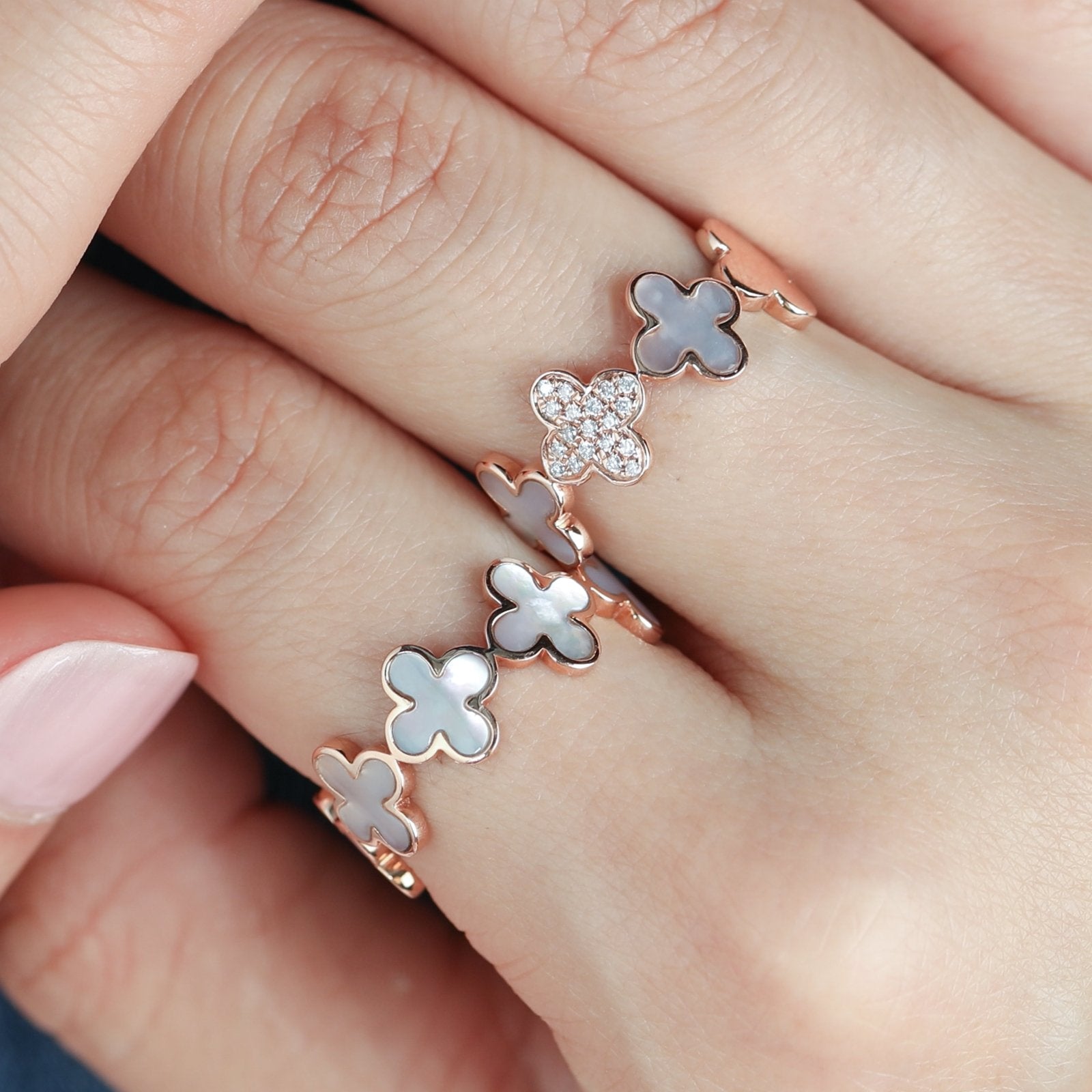 14k Rose Gold Diamond and Mother of Pearl Clover Eternity Ring - Elegant Stackable Band for Weddings, Anniversaries & Everyday Wear