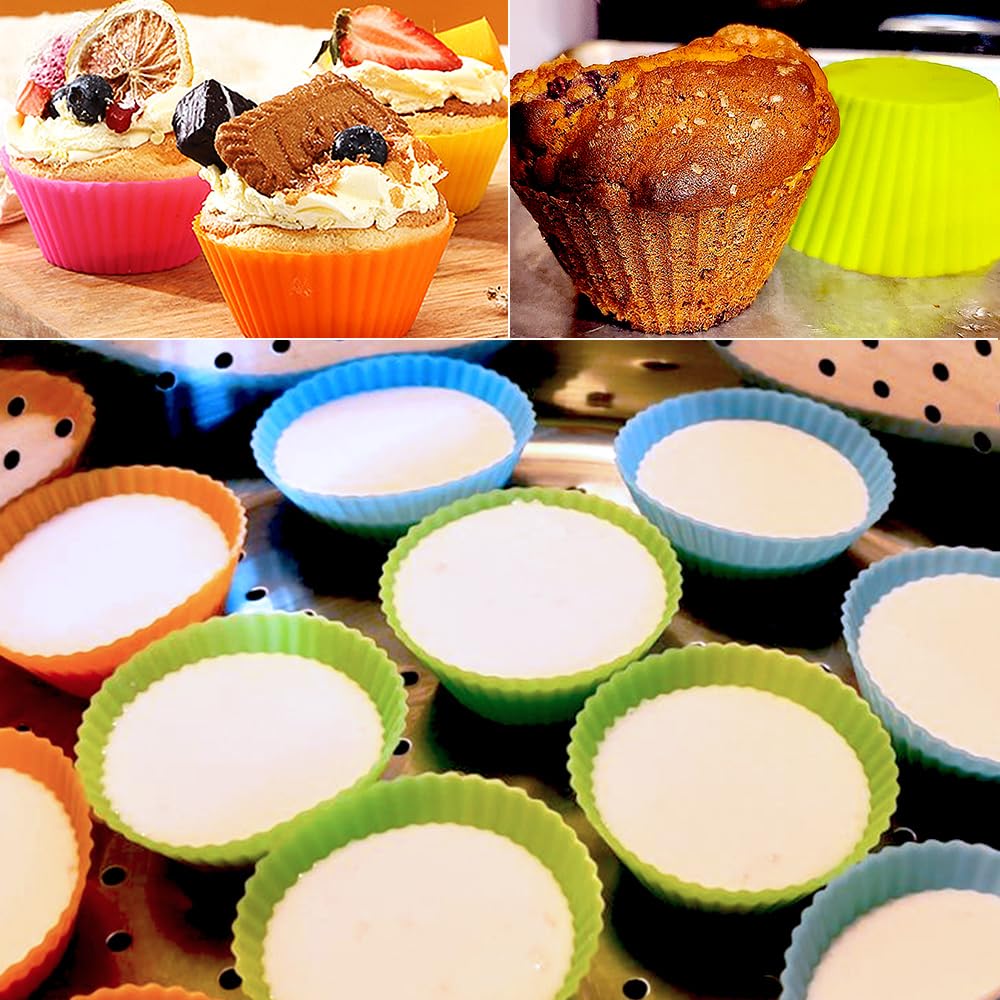 Extra Large Silicone Cupcake Muffin Cups 12 Pack - 3.54 Inch Reusable Jumbo Baking Liners for Cupcakes, Muffins & Desserts - Non-Stick, Easy Clean, Oven & Freezer Safe (Multicolor) - Perfect for Baking, Party Treats & Meal Prep