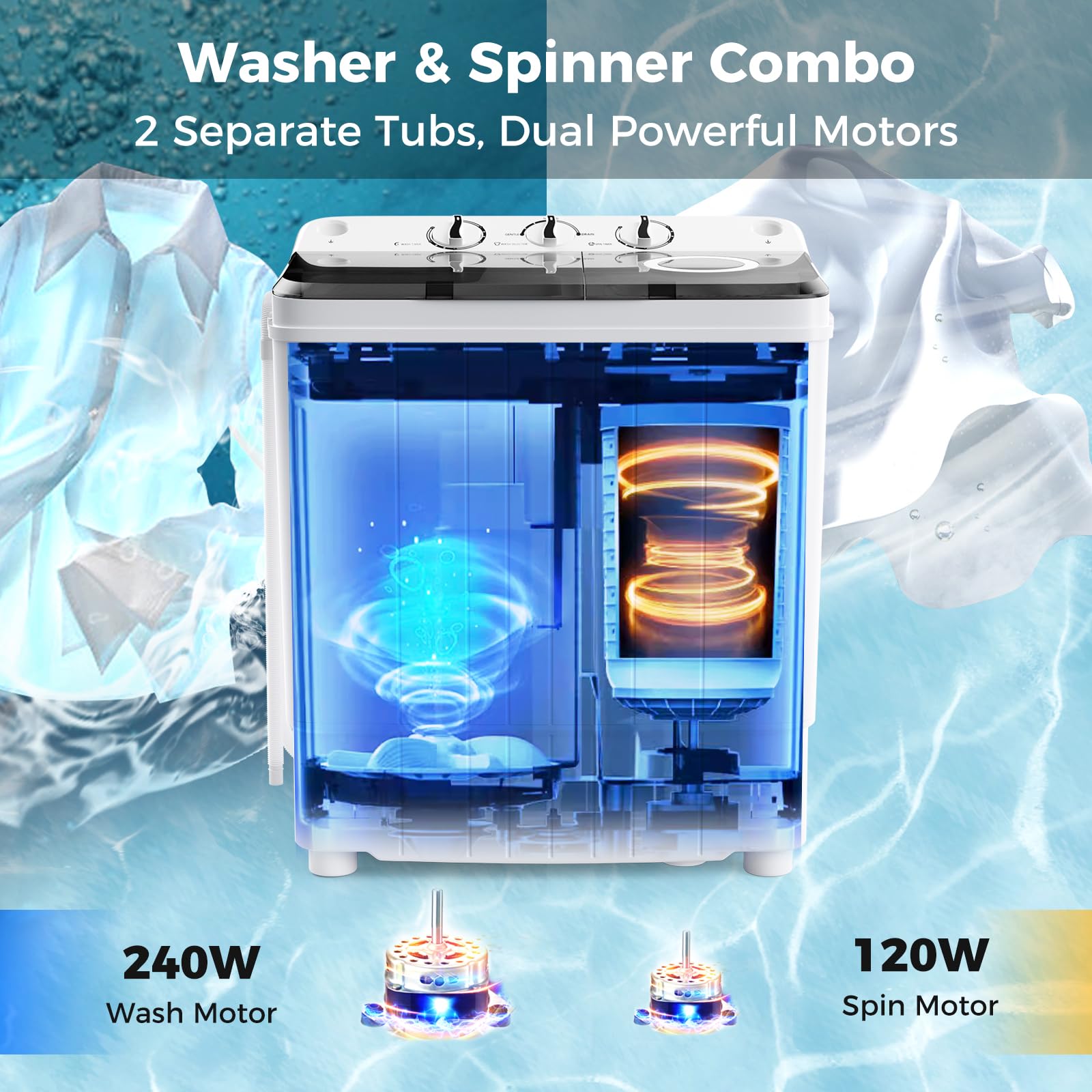 Giantex Portable Washing Machine 17.6lbs - Compact Twin Tub Washer & Spinner Combo with Pump Drain, 11lbs Wash & 6.6lbs Spin - Perfect for Apartments, RVs, Dorms, College Students - White & Black - Ideal for Small Space Laundry, Travel & Camping Use