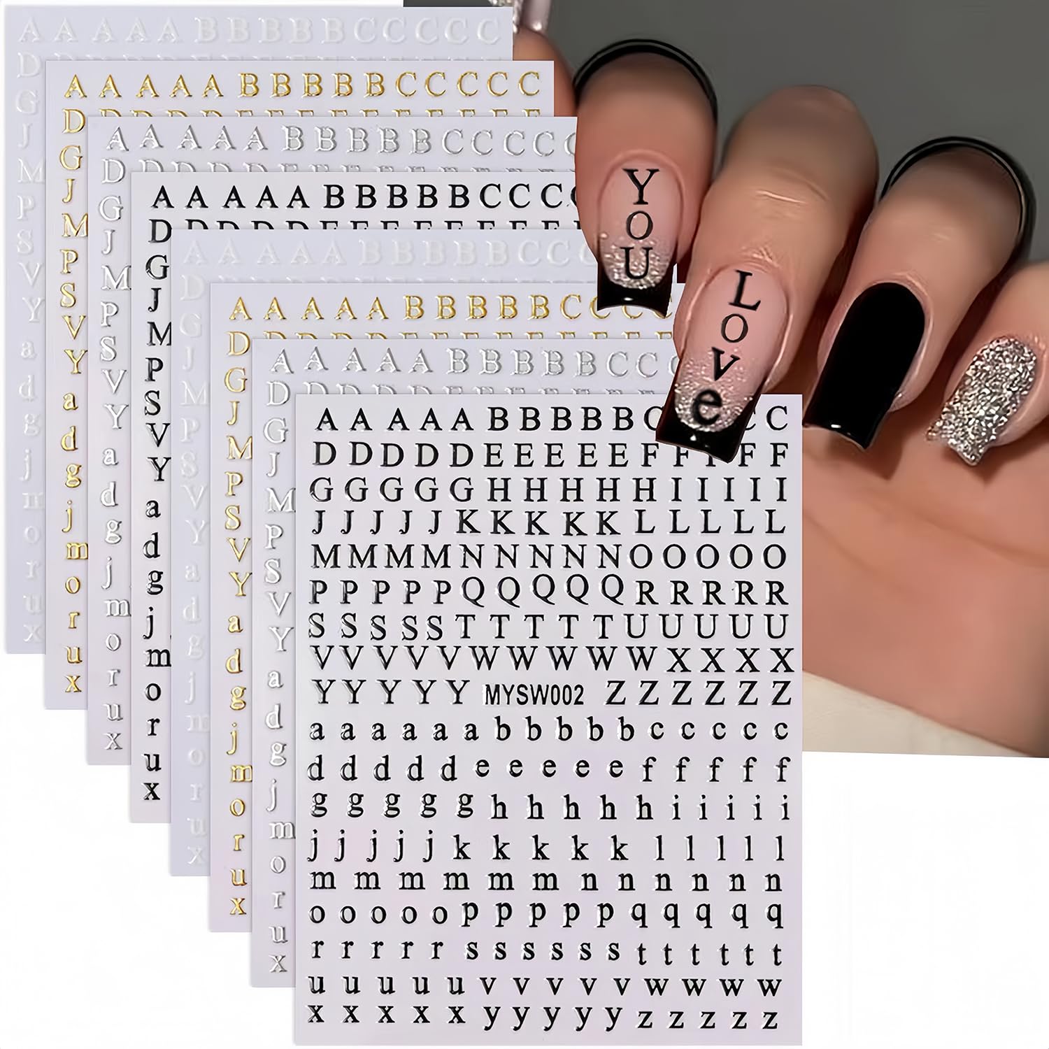 8 Sheets 3D Self-Adhesive Alphabet Nail Stickers - Black, White, Gold, Silver Letter Nail Decals for DIY Nail Art - Big & Small English Character Designs for Acrylic Nails, Manicures, Parties and Special Occasions