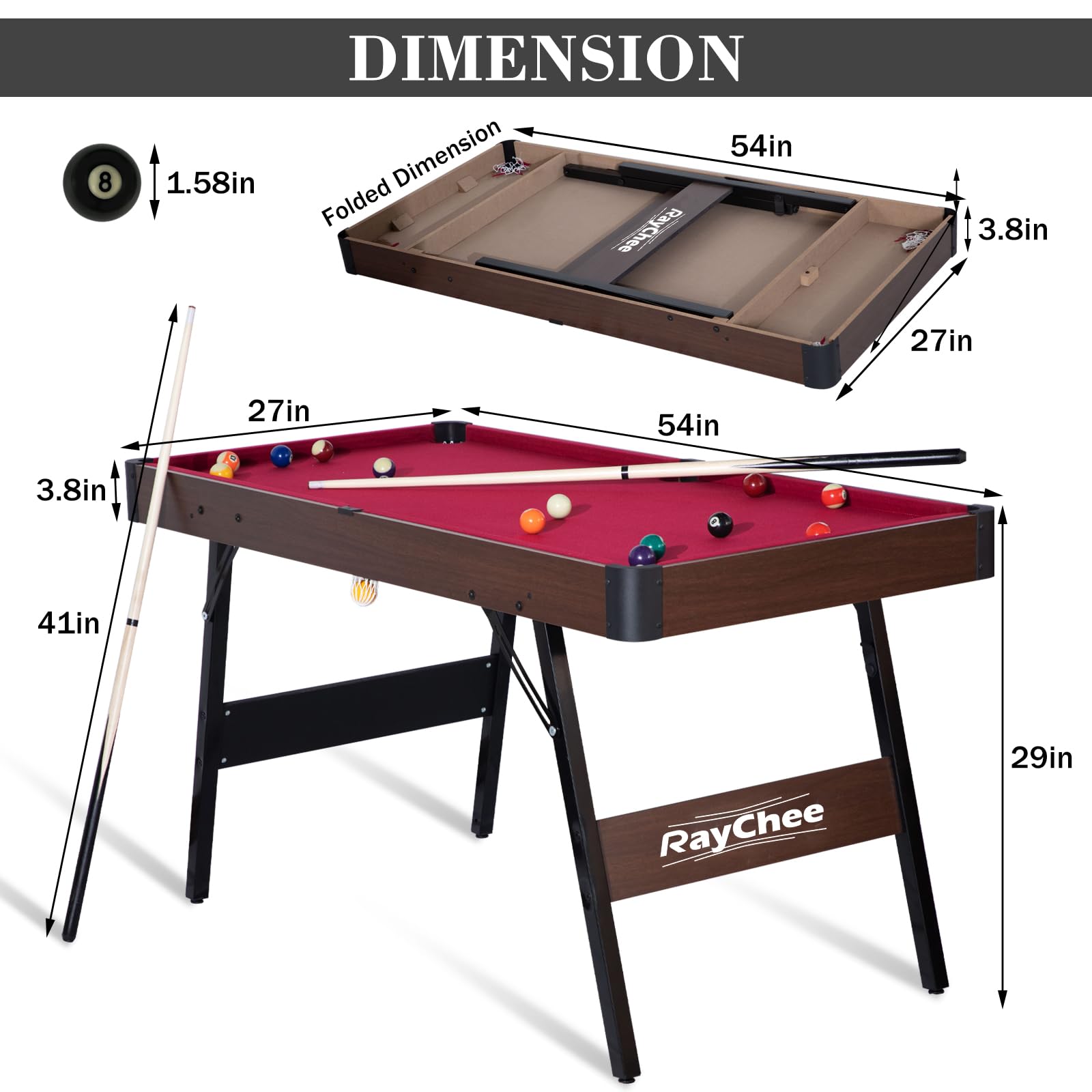 4.5ft Folding Pool Table Set - Portable Billiards Game Table for Kids & Adults with 2 Cue Sticks, 16 Balls, Triangle & Chalk - Perfect for Family Game Rooms, Indoor Entertainment & Party Fun
