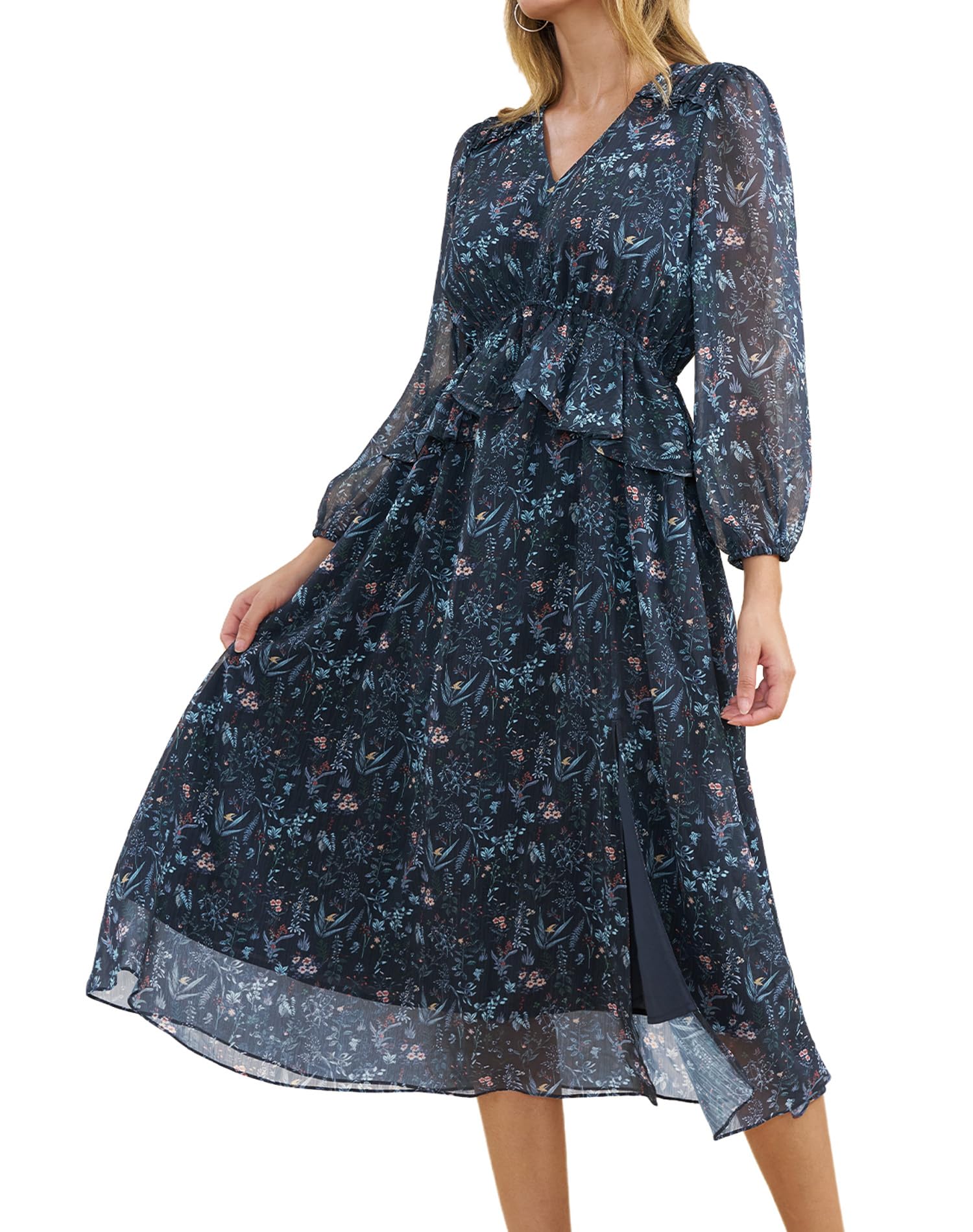 Floral Split Midi Dress for Women - Elegant Long Sleeve Chiffon Dress with Ruffle Details & Pockets | Perfect for Spring Weddings, Bridal Showers, Garden Parties & Formal Events 2025