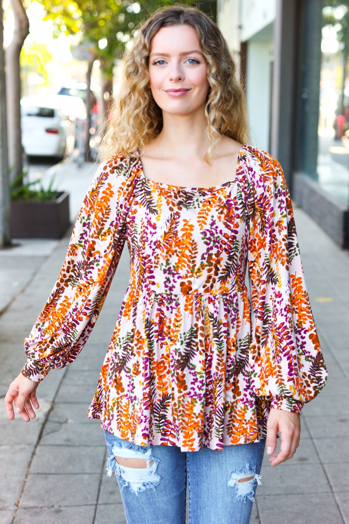 Fall in Love Taupe & Rust Floral Print Babydoll Bubble Sleeve Top | Women's Vintage Chic Blouse for Date Night & Special Occasions