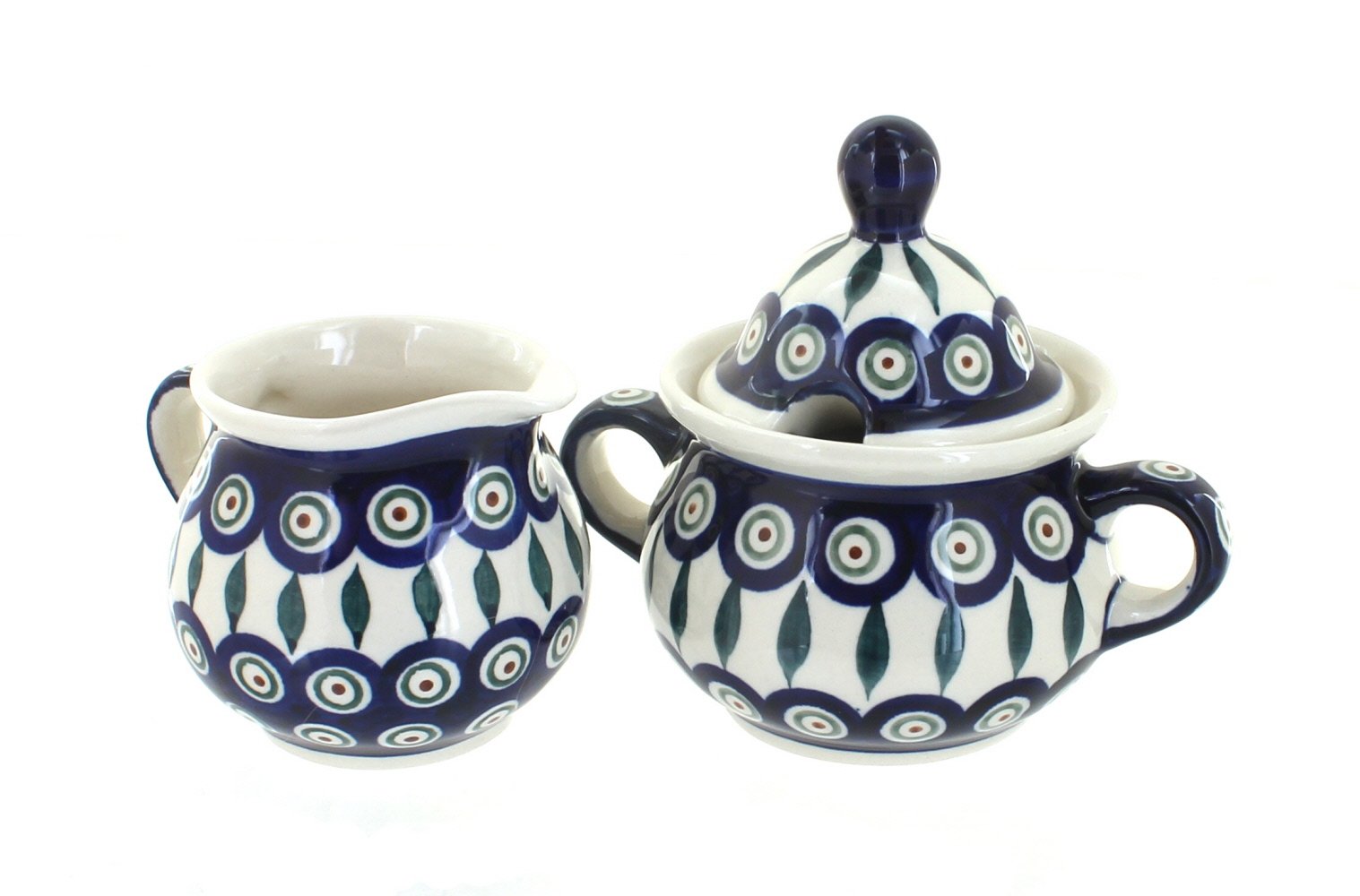 Handmade Blue Rose Polish Pottery Peacock Cream and Sugar Set - Elegant Tea & Coffee Serving Set for Home Decor, Gift, and Afternoon Tea