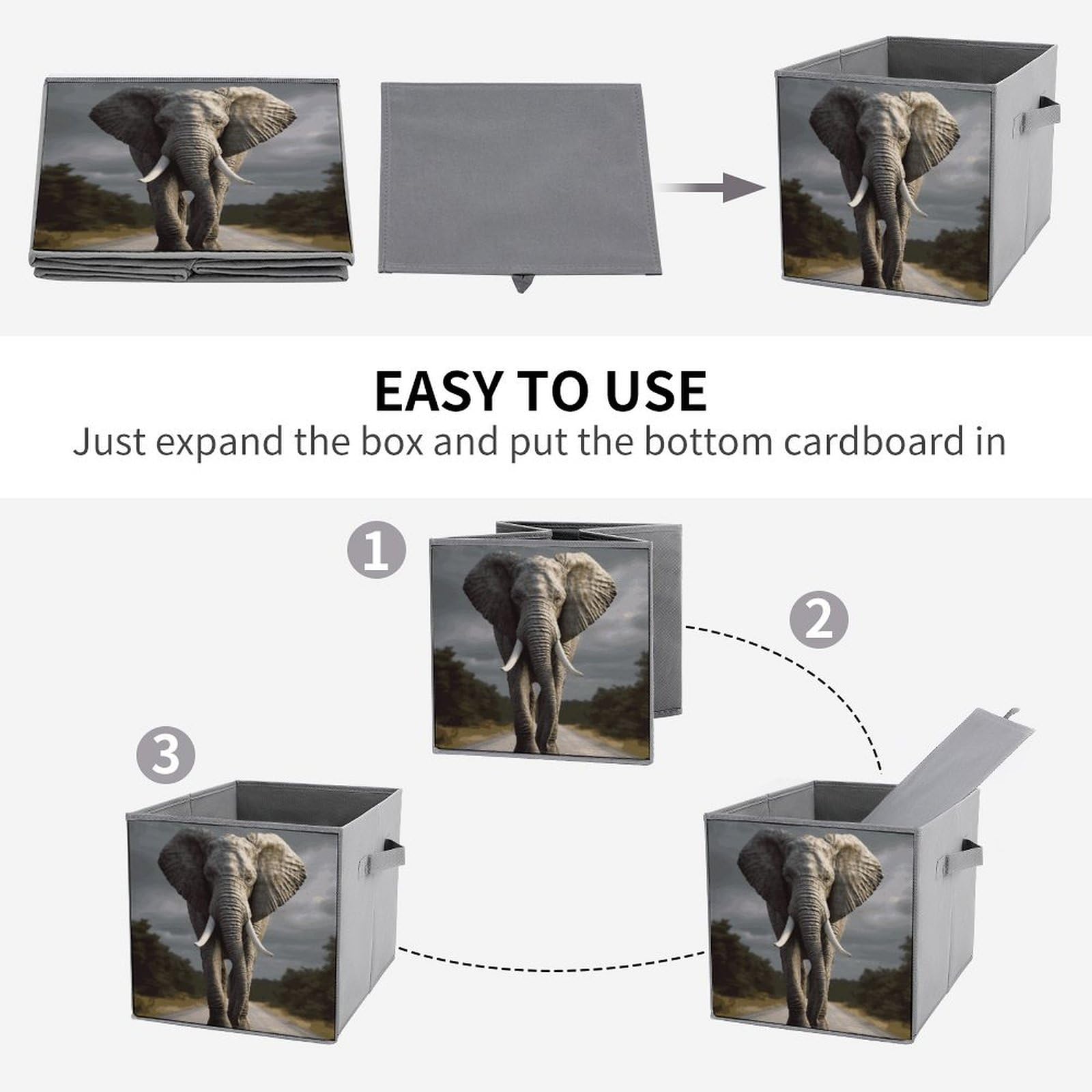 6PCS Collapsible Storage Bins with Handles - 3D Elephant Printed Foldable Storage Boxes for Home Organization, Closet, Nursery & Office - Space Saving Storage Containers for Shelves, Cabinets & Underbed