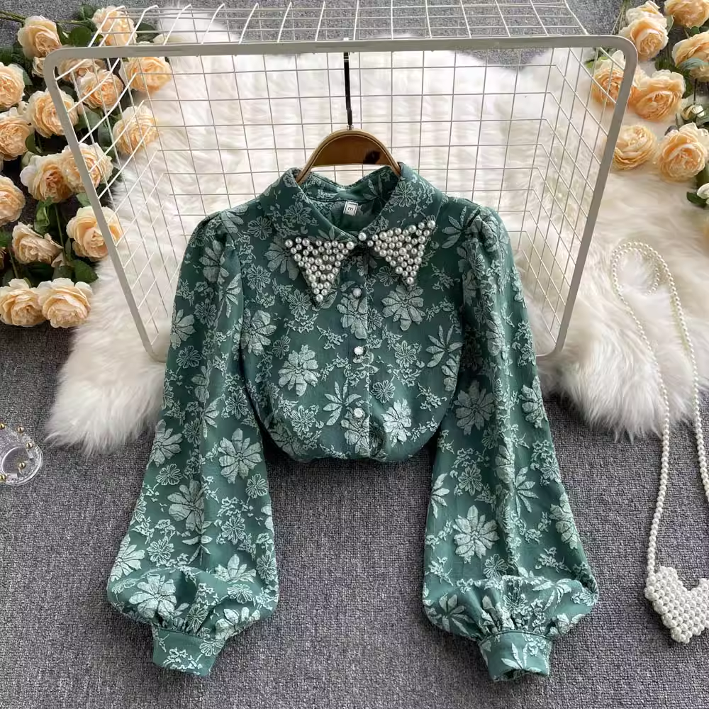 French Retro Beaded Polo Collar Shirt - Loose Puff Sleeve Blouse for Women - Vintage Inspired Casual & Party Tops - Perfect for Date Night, Office Wear and Summer Outfits
