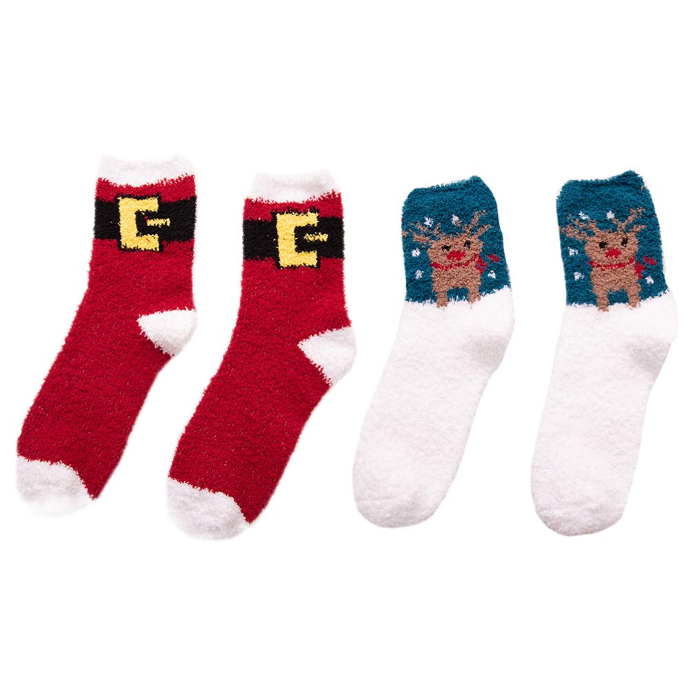 Christmas Cartoon Socks 2 Pairs - Festive Santa & Deer Print Funny Socks for Women, Men & Kids | Warm Coral Fleece Winter Socks for Family Holiday Outfits, Office Parties & Cozy Home Wear