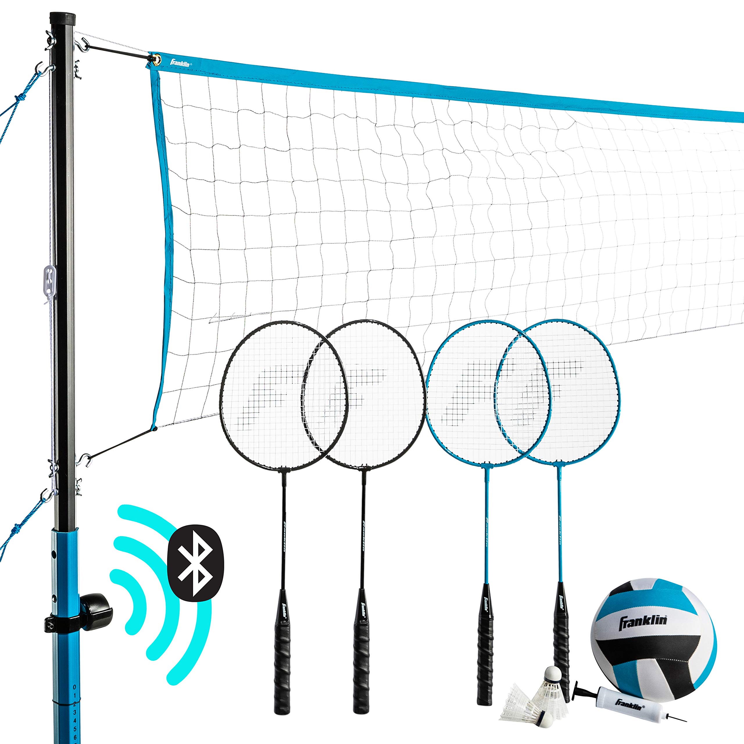 Franklin Sports Beach & Backyard Volleyball Badminton Combo Set with Bluetooth Speaker - Portable Net, Poles, Pump & Carry Bag for Outdoor Family Fun & Backyard Games