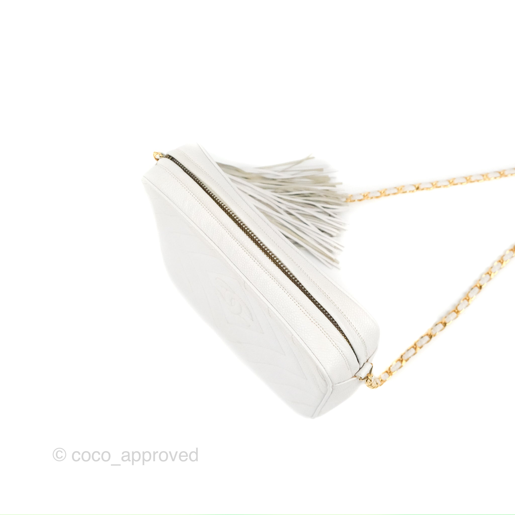 Chanel Chevron Quilted Tassel Camera Bag in White Caviar Leather with Gold Hardware - Perfect for Travel, Parties & Everyday Luxury