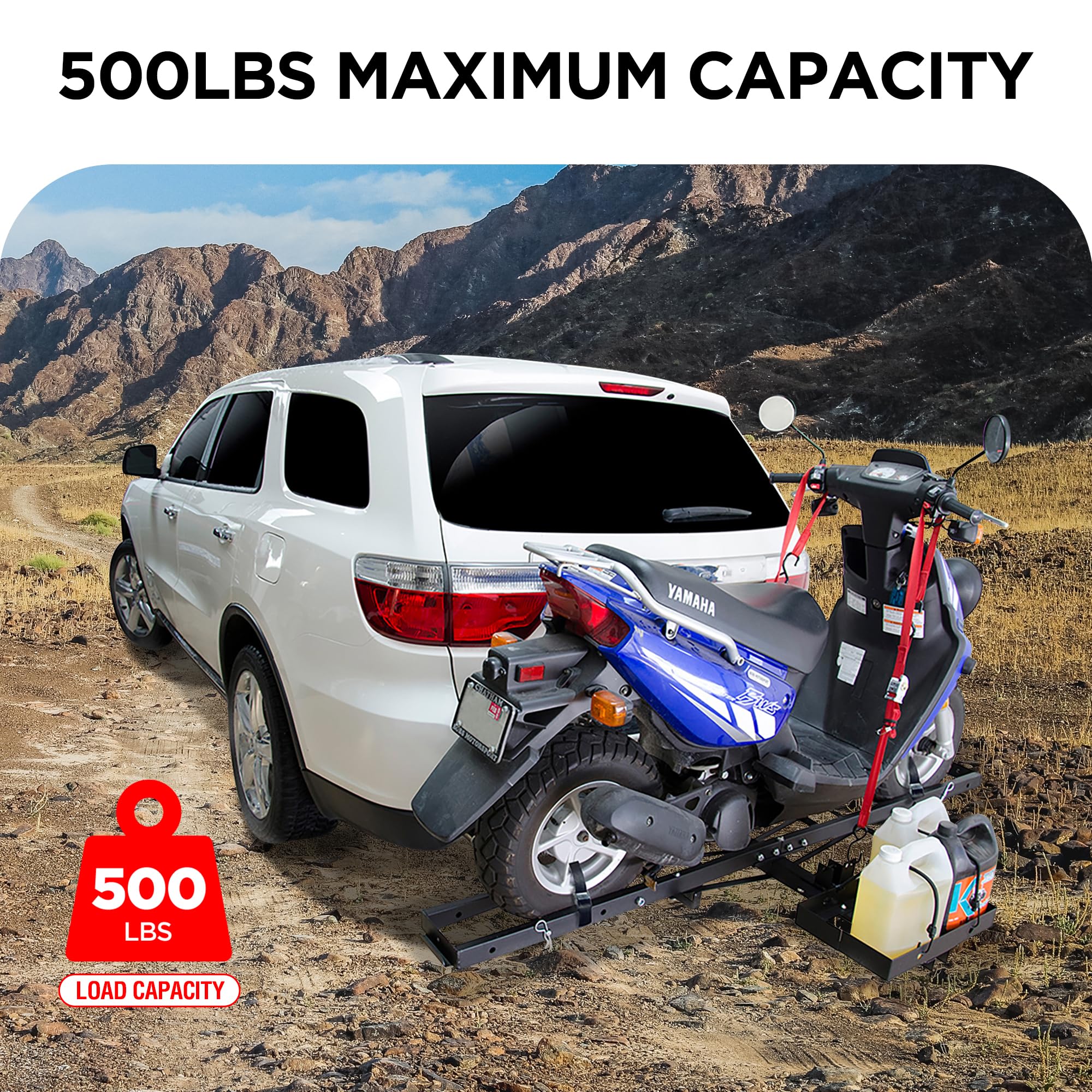 Heavy Duty 500 LBS Motorcycle Hitch Carrier with Loading Ramp & Gas Can Holder - Universal Hitch Mount Rack for Scooter, Dirt Bike, ATV Hauling | Perfect for Road Trips, Camping & Off-Road Adventures