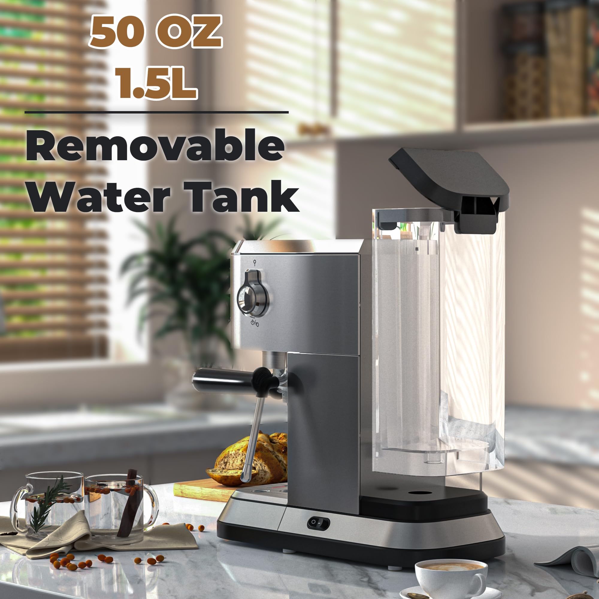 20 Bar Automatic Programmable Espresso Machine with 50oz Removable Water Tank & Milk Frother - Compact Cappuccino/Latte Maker for Home & Office Use