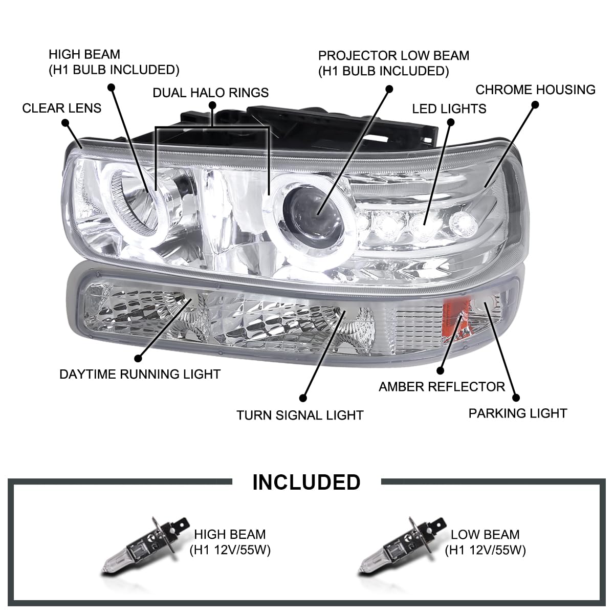 Spec-D Tuning Chrome LED Halo Projector Headlights with Bumper Lights - Compatible with 1999-2002 Chevy Silverado & 2000-2006 Tahoe - Left/Right Pair Headlamp Assembly - Upgrade for Night Driving & Off-Road Adventures