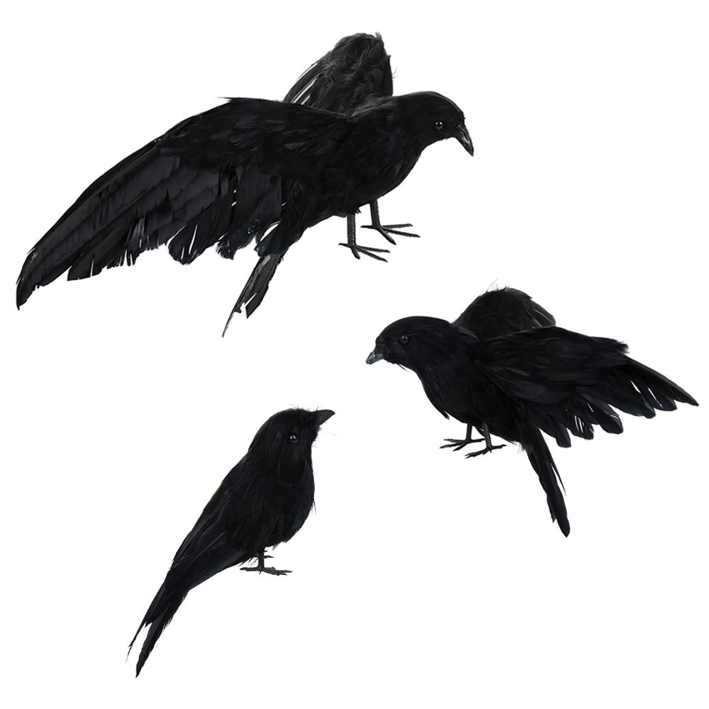 SUFUBAI 3 Pack Realistic Black Feathered Crow Birds - Lifelike Halloween Raven Decorations for Indoor & Outdoor Party, Haunted House, Graveyard, and Spooky Themed Events