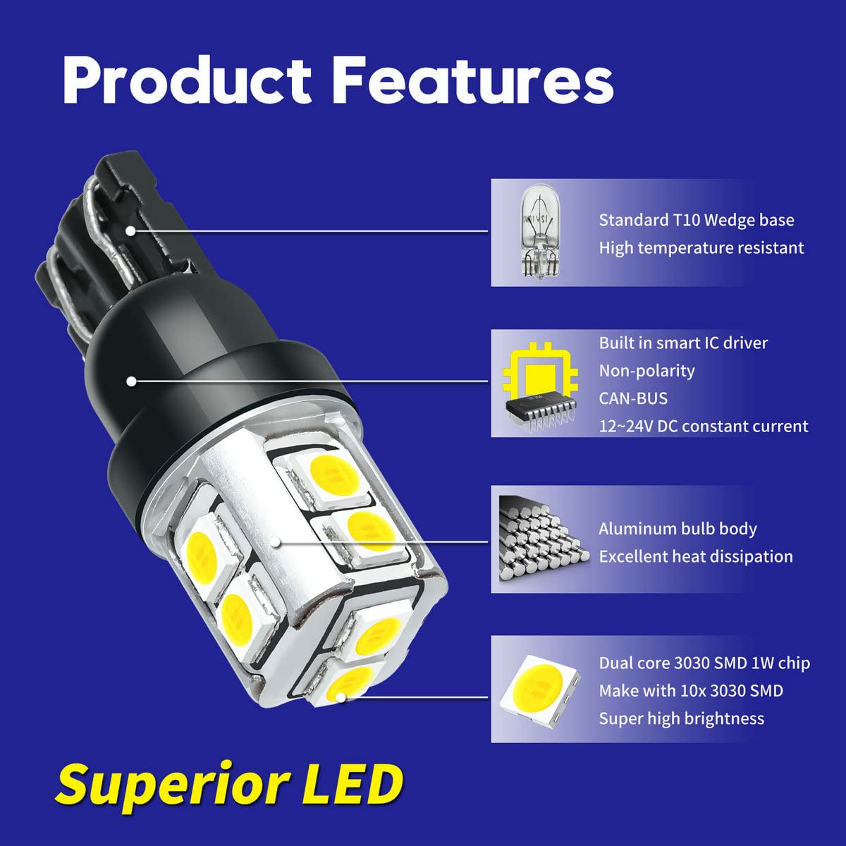 T10 LED Bulbs 168 175 194 2825 W5W - Super Bright White 6000K Interior & Exterior Car Lights - 12V-24V Replacement Bulbs (Pack of 4) - Perfect for Dome, Map, Reverse & Backup Lights