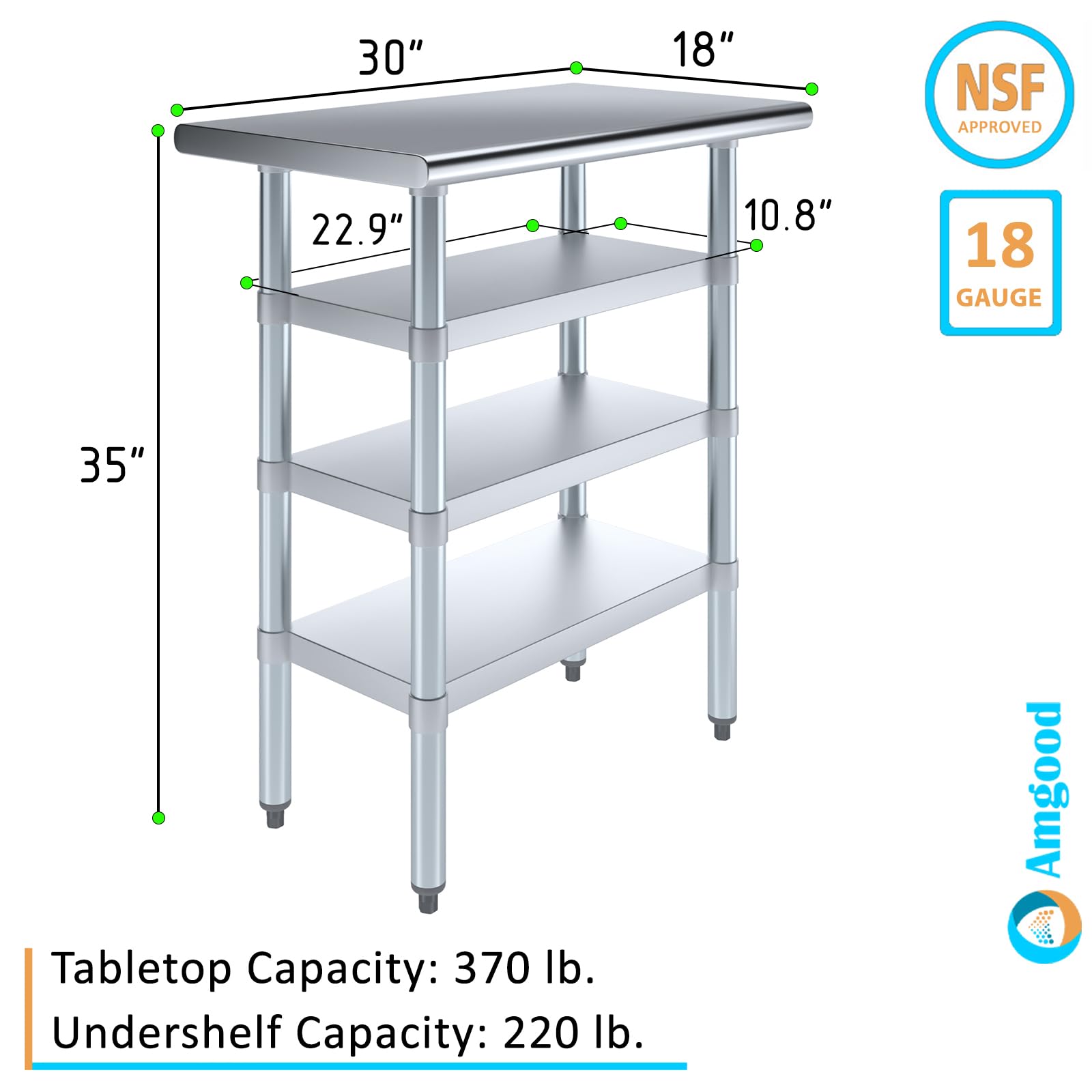 AmGood Stainless Steel Work Table with 3 Shelves | Heavy Duty Metal Utility Table for Commercial Kitchen & Home Use | NSF Certified 30