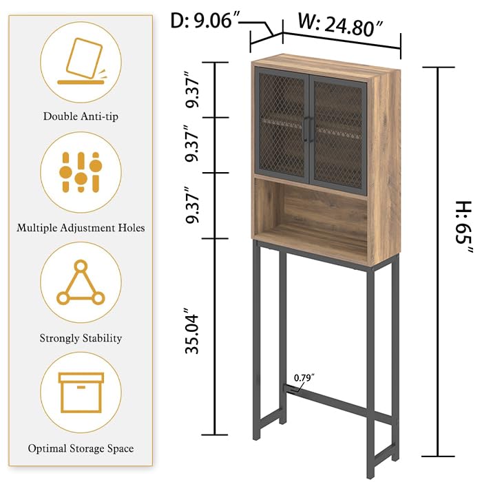 Launica Over Toilet Storage Cabinet - Rustic Oak Wood & Metal Bathroom Organizer with Shelf, Space Saving Stand Behind Toilet for Bath Towels, Toilet Paper & Decor (Perfect for Small Bathrooms & Apartment Living)