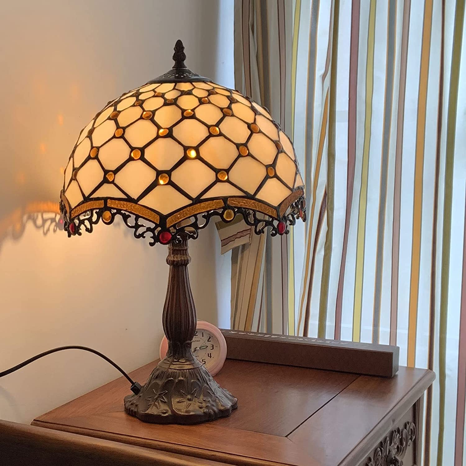 **Tiffany Style Stained Glass Table Lamp - Handmade Yellow Crystal Bead Desk & Bedside Night Light - Antique Art Craft Gift for Home, Living Room, Bedroom, Office (Perfect for Reading, Decor & Cozy Ambiance)**
