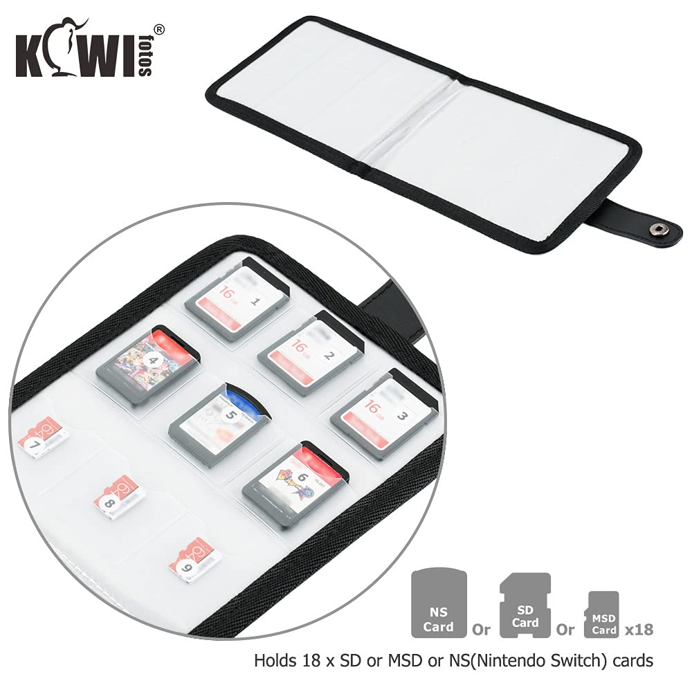 KIWIFOTOS 18-Slot Soft Memory Card Holder - Protective Pouch for SD, SDHC, SDXC, MicroSD, TF & Nintendo Switch Cards (Black) - Perfect for Travel, Photography & Gaming Storage