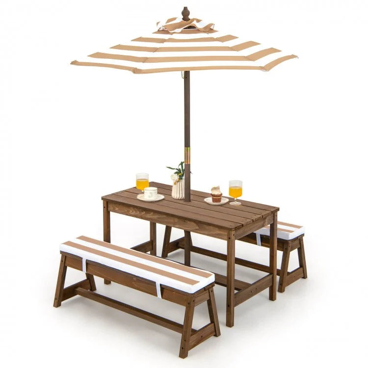 Adjustable Kids Picnic Table Set with Bench & Cushions - Outdoor Play, Garden, Patio Furniture for Children - Brown Height-Adjustable Umbrella Included