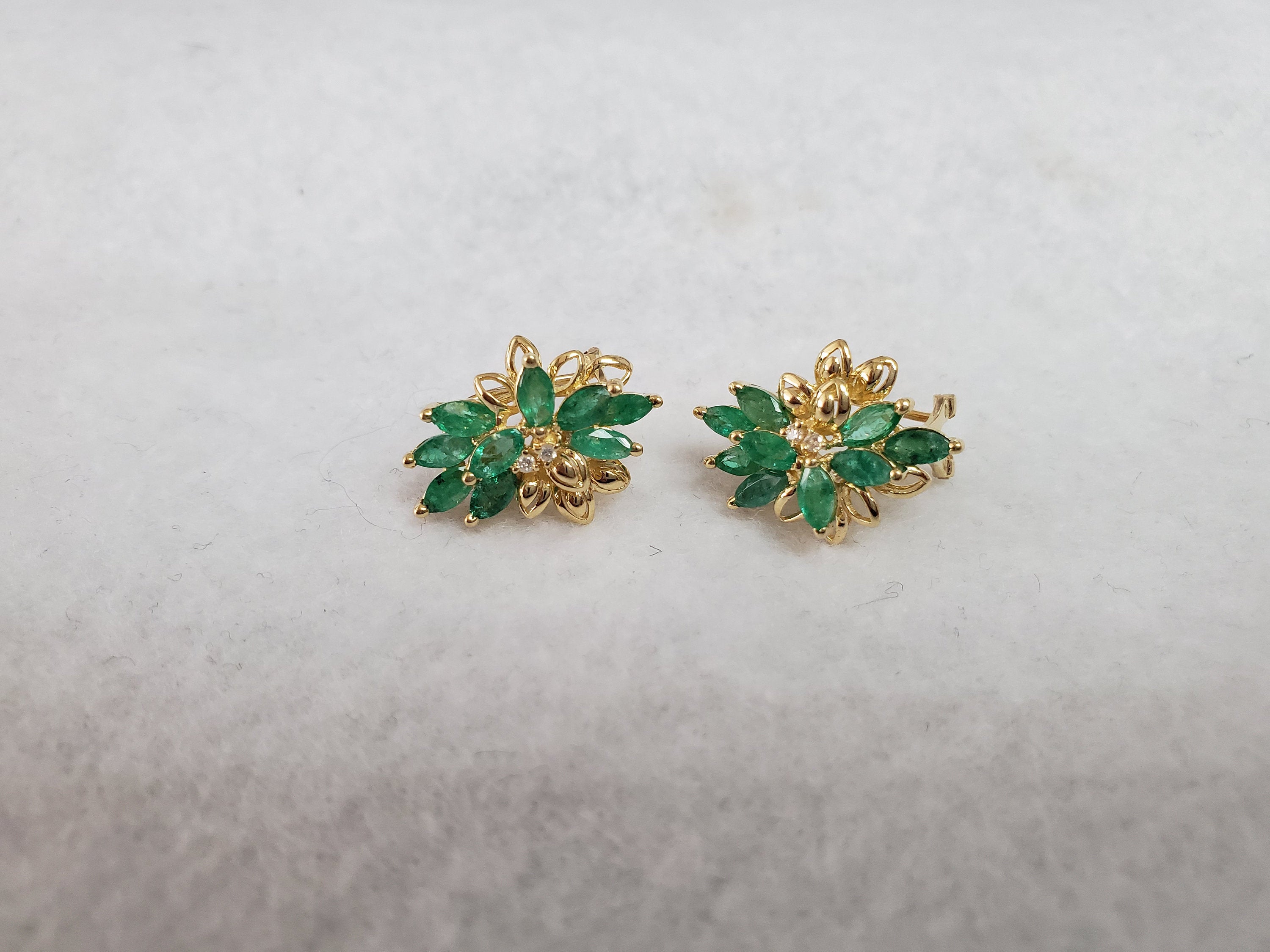 14K Yellow Gold Emerald Cluster Floral Earrings for Women - Elegant Dangle Earrings for Weddings, Parties & Special Occasions