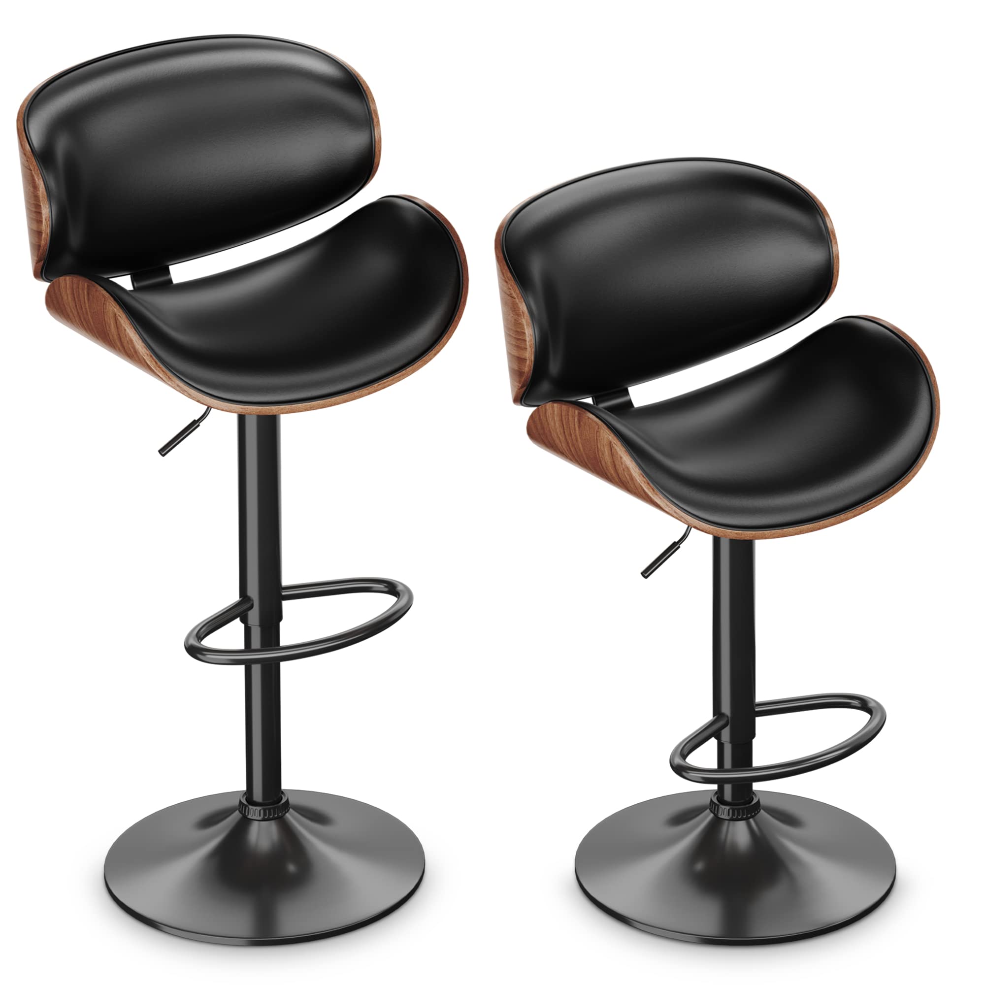 ONME Adjustable Height Swivel Bar Stools Set of 2 - PU Leather Upholstered Counter Stools with Back Support & Footrest - Modern Bar Chairs for Kitchen Island, Home Bar, Dining Room & Breakfast Nook - Dark Black