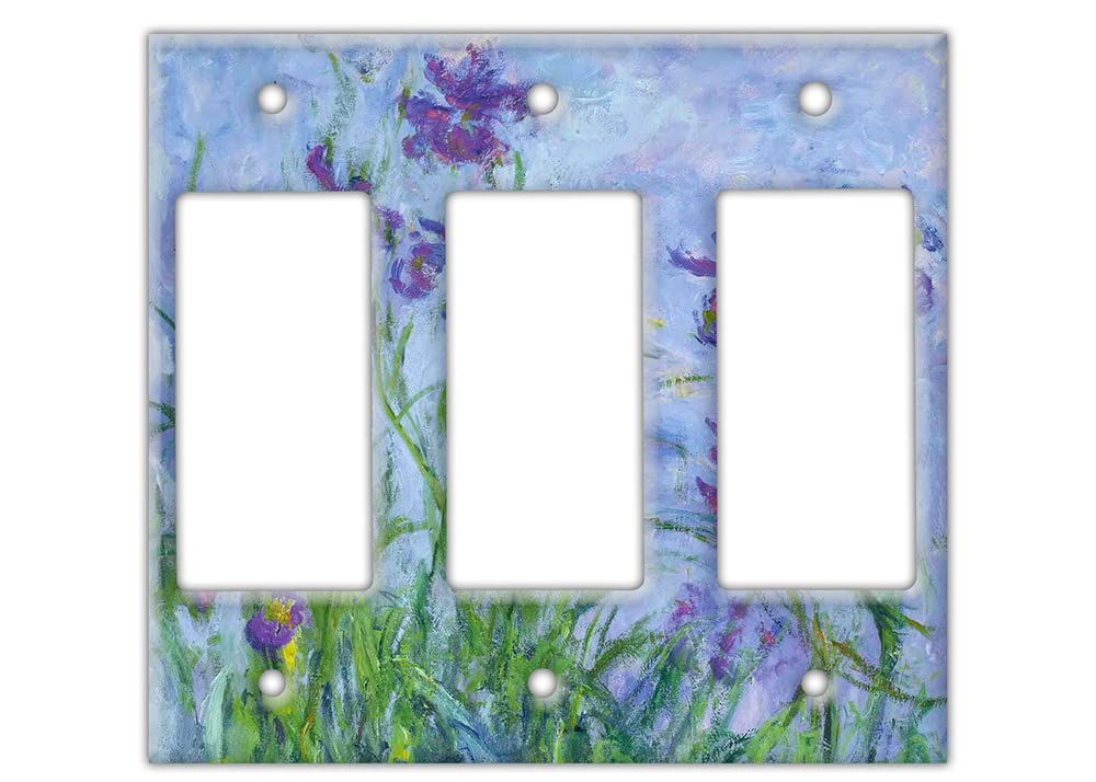 Claude Monet Iris Decorative Wall Switch Plate Cover - Triple Rocker Botanical Painting in Greens & Blues | Perfect for Living Room, Bedroom & Office Décor