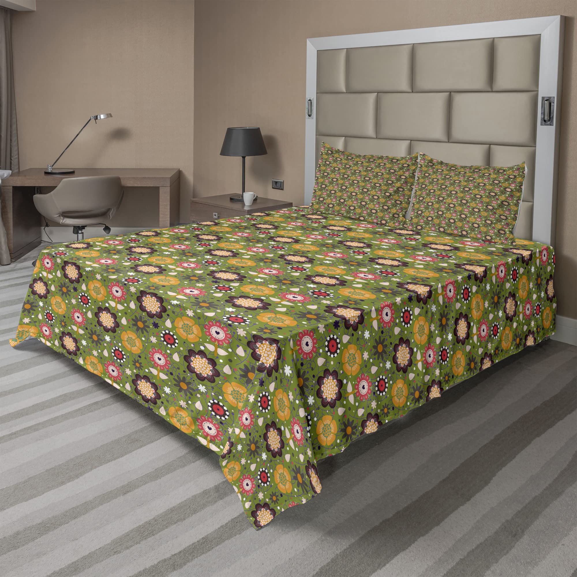 Ambesonne Floral Sheet Set 4-Piece King Size - Abstract Botanical Pattern with Olive Green Multicolor Flowers, Fitted & Flat Sheets + Pillowcases | Perfect for Spring Bedroom Decor, Guest Room & Cozy Home Accent