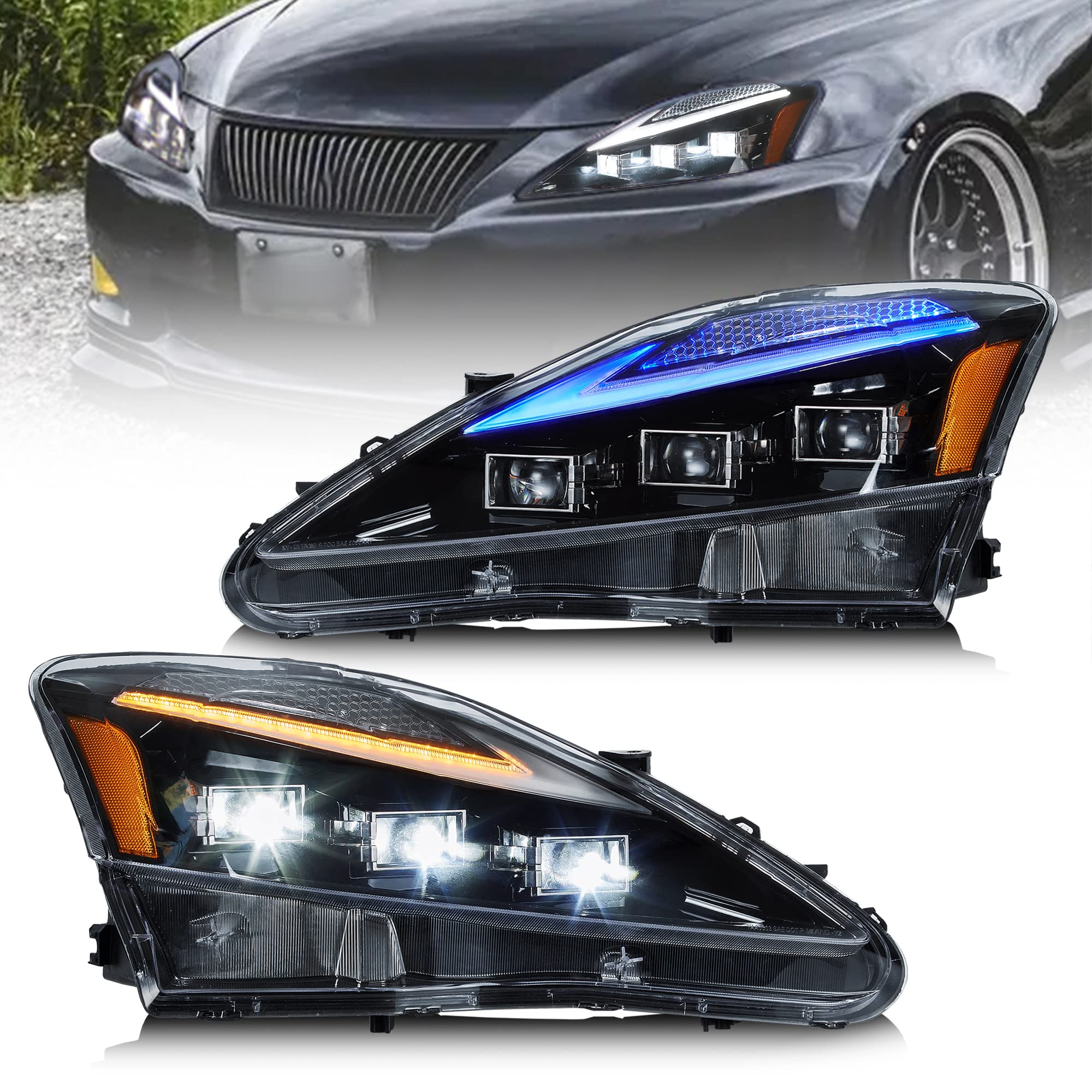 VLAND LED Projector Headlights for Lexus IS250/IS350 2006-2014 - Blue Lighting & Turn Signal for Night Driving