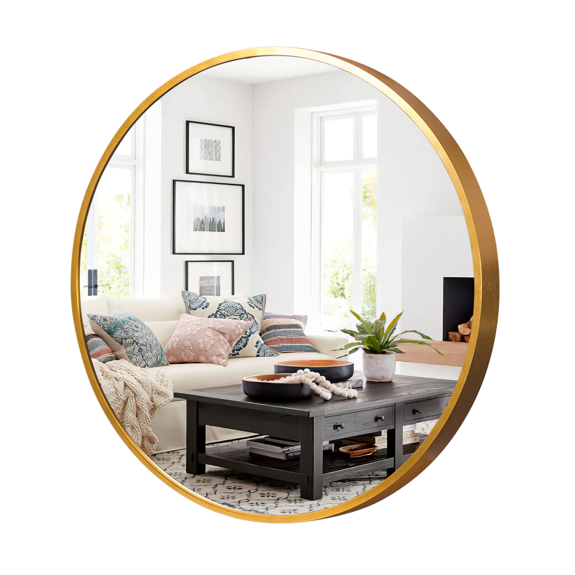 KIAYACI 32 Inch Round Wall Mirror - Large Circle Bathroom & Living Room Mirror with Aluminum Alloy Frame, Shatterproof Glass (Gold) - Perfect for Home Decor, Vanity, and Entryway
