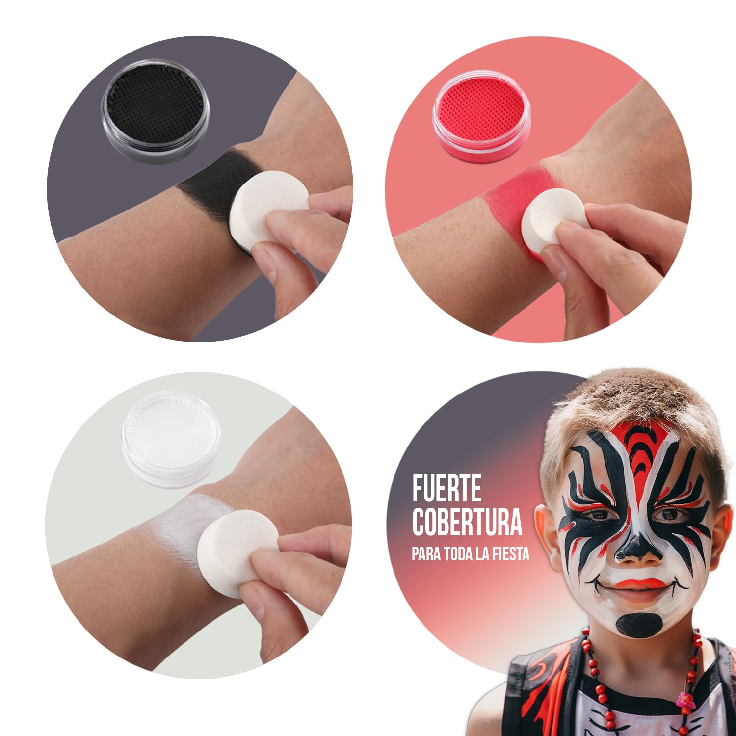 Professional Face Paint Kit for Kids & Adults - 3 Colors (Black, Red, White) - 20g Each with 3 Sponges & 1 Brush - Halloween Makeup, Carnival Body Paint, Vampire Costume - Perfect for Halloween Parties, Carnival Events & Face Painting Activities
