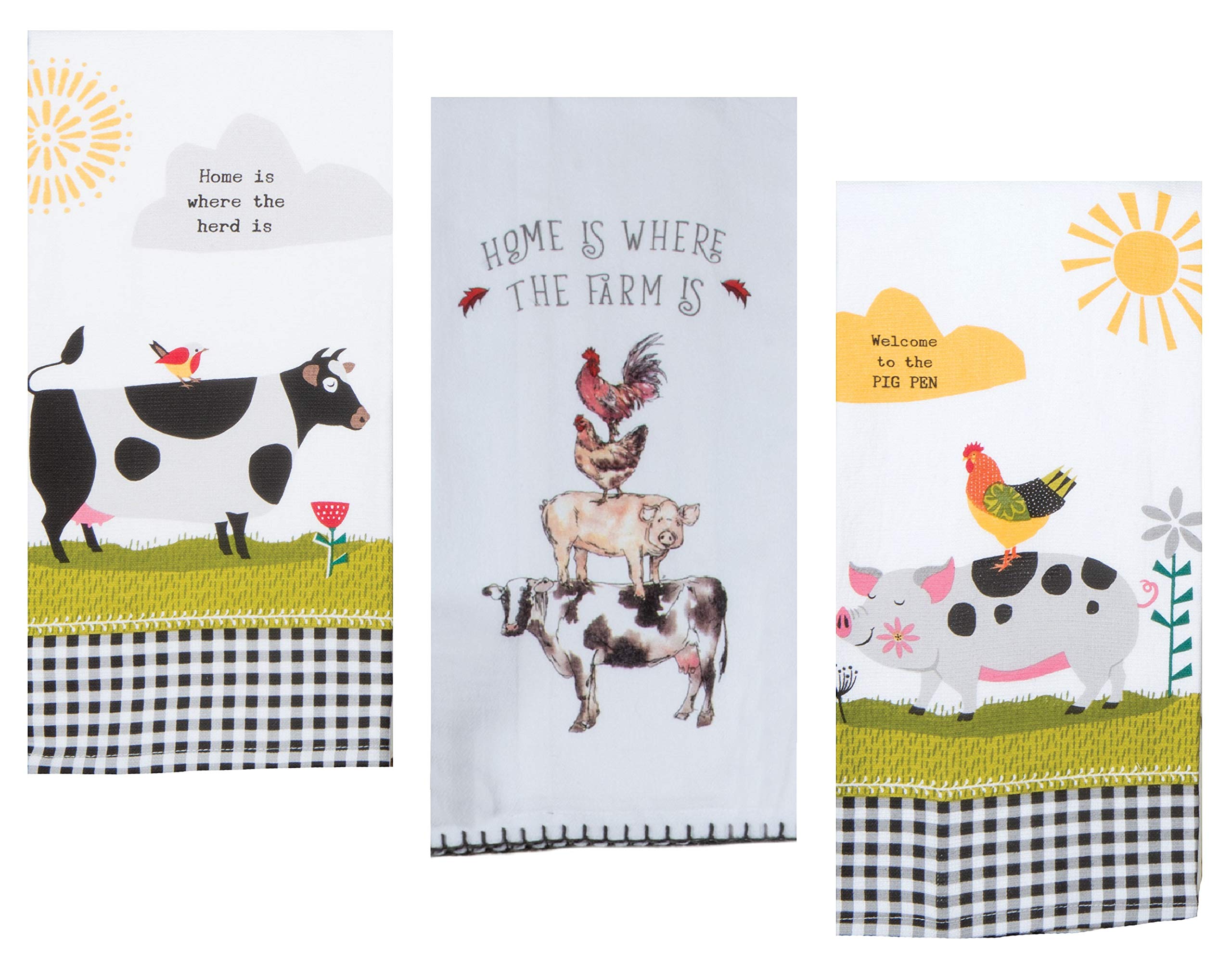 Farmhouse Country Kitchen Dish Towels Set of 3 - Stacked Farm Animals Print (Pig, Cow, Rooster) | 1 Flour Sack & 2 Terry Cotton Towels for Dishes, Hand Drying | Rustic Farmhouse Decor, Country Kitchen Essentials, Housewarming Gift