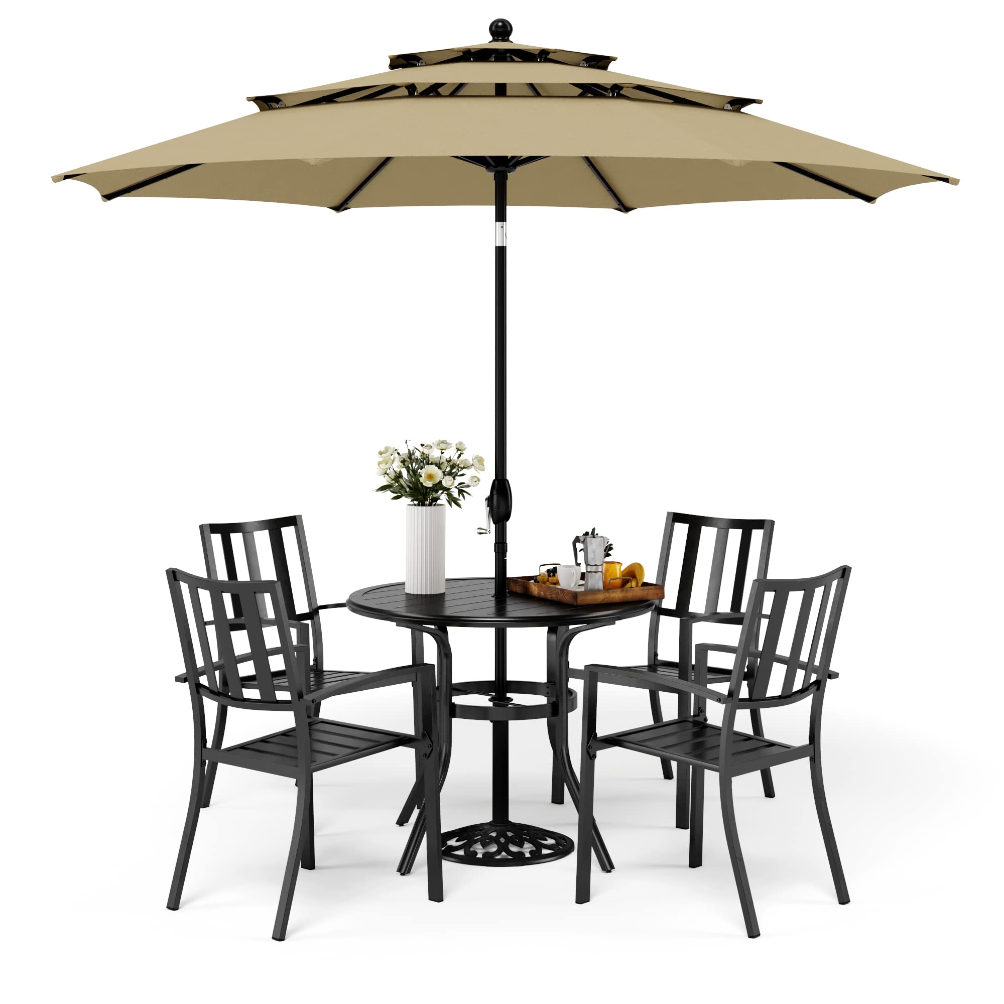 MFSTUDIO 6-Piece Outdoor Patio Dining Set with 4 Steel Slat Chairs, 1 Round Table & 10ft Auto-Tilt Umbrella (Beige) - Perfect for Backyard BBQs, Garden Parties & Poolside Relaxation (Base Not Included)