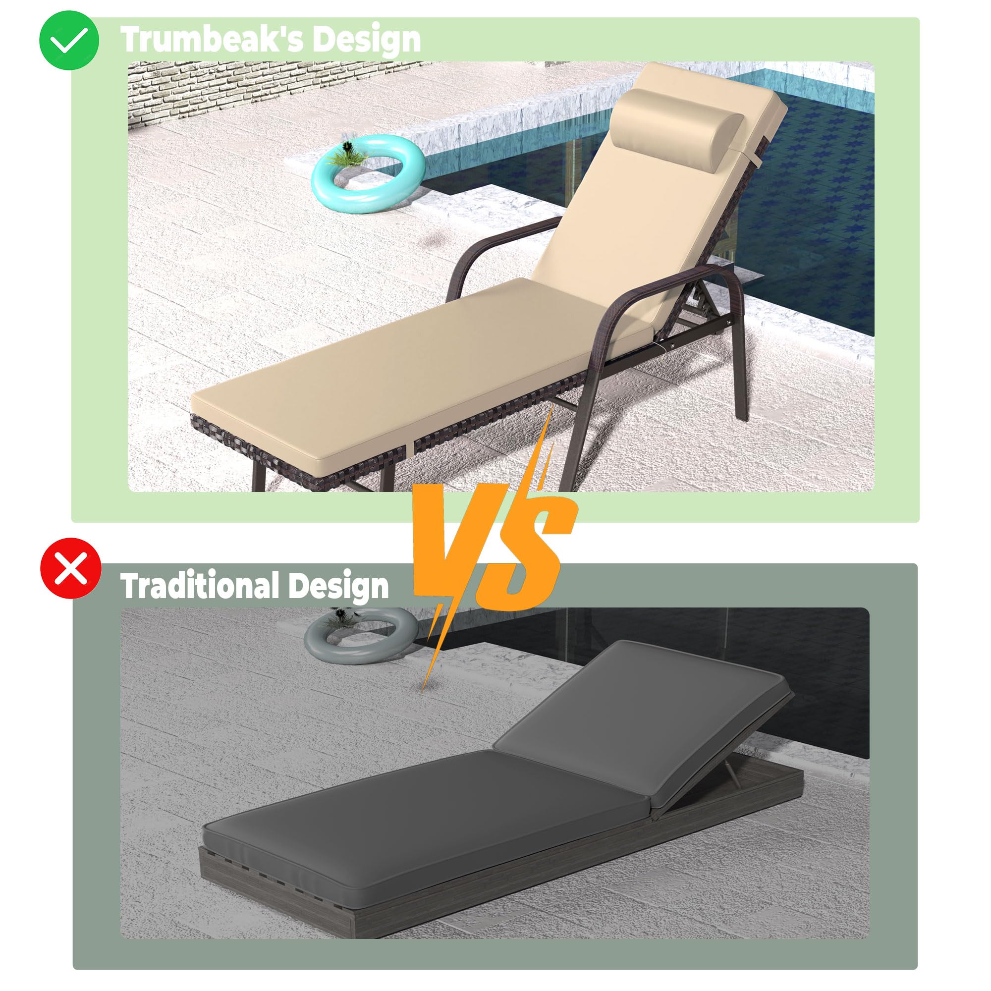 3-Piece Patio Chaise Lounge Set with Cushions - Adjustable Rattan Backrest, Folding Table & Sand Color - Perfect for Poolside, Porch, Backyard & Outdoor Relaxation