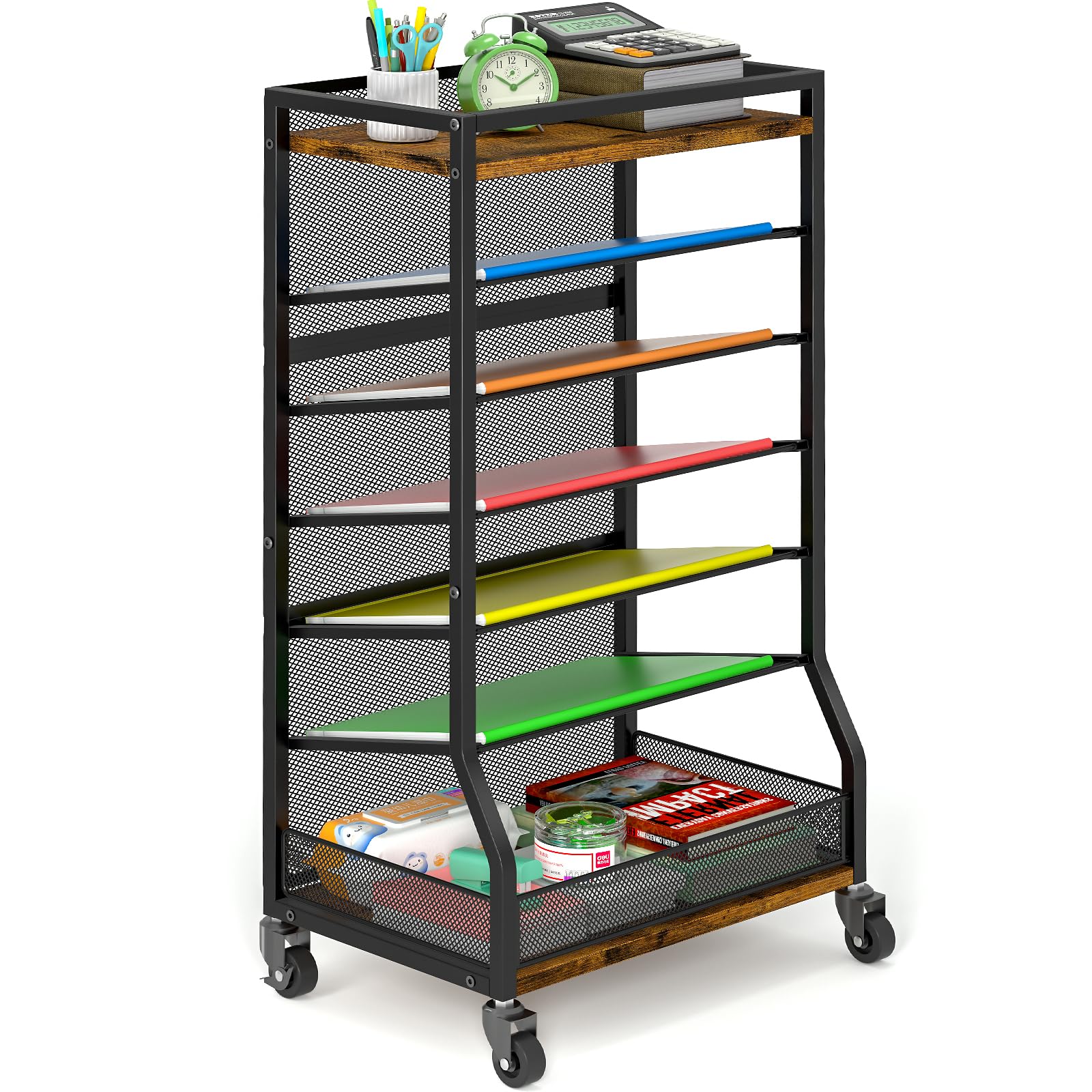 7-Tier Rolling File Cart with Sliding Trays - Wood & Metal File Organizer for Desk - Free-Standing File Holder & Paper Letter Tray Organizer - Mesh Desk Organizer for Home, Office & School (Patent) - Perfect for Document Storage, Office Organization & Classroom Supplies