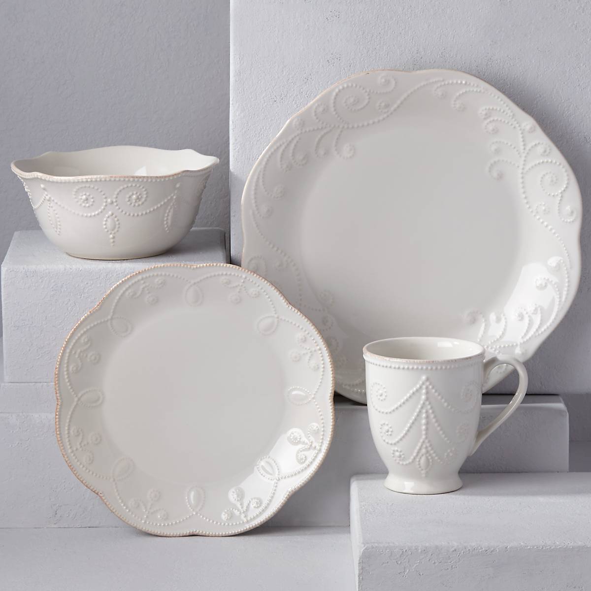 French Pearl White 4-Piece Dinner Plate Set - Elegant Tableware for Fine Dining, Wedding, and Special Occasions