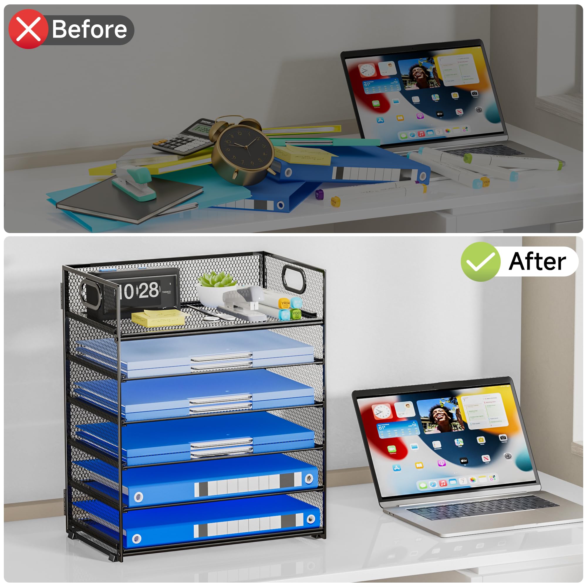 6 Tier Mesh Paper Organizer for Desk with Handle - Black | Desktop File Tray Letter Organizer for Office, Home & School Use