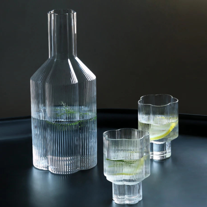 Elegant Floral Scalloped Edge Glass Cups & Carafe Set - Perfect for Tea Parties, Bridal Showers, and Home Decor