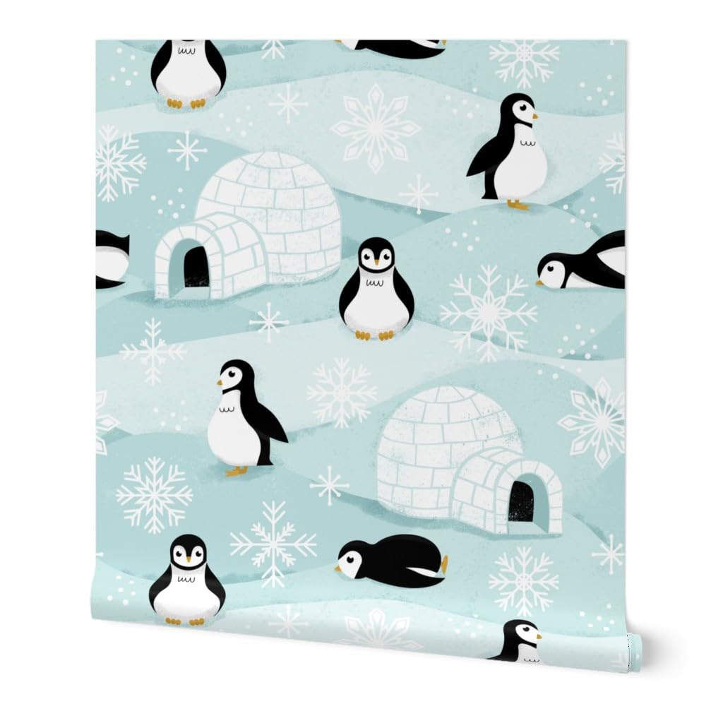 Premium Commercial Grade Wallpaper Roll - 27ft x 2ft Winter Holiday Penguins & Snowflakes Pattern - Traditional Animal Design by Spoonflower - Perfect for Nursery, Living Room, and Seasonal Home Decor