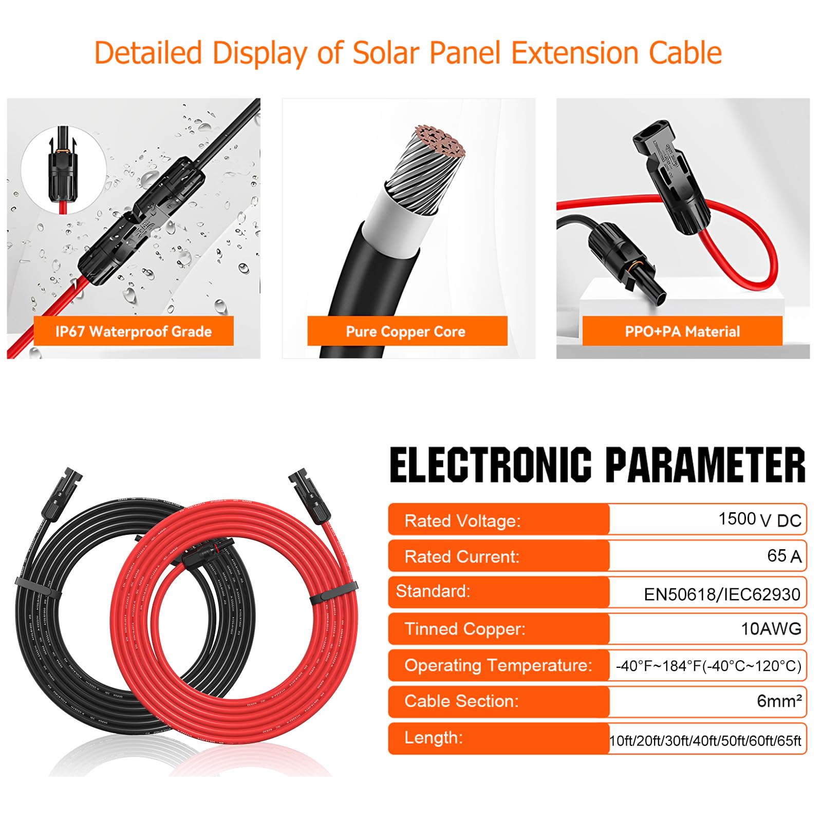 10AWG Solar Extension Cable 20Ft Red & Black - Weatherproof PV Wire with Universal Solar Connectors (Plug & Play) for RV, Boat, Off-Grid Systems - Perfect for Solar Panel Connections, Marine & Outdoor Power Applications