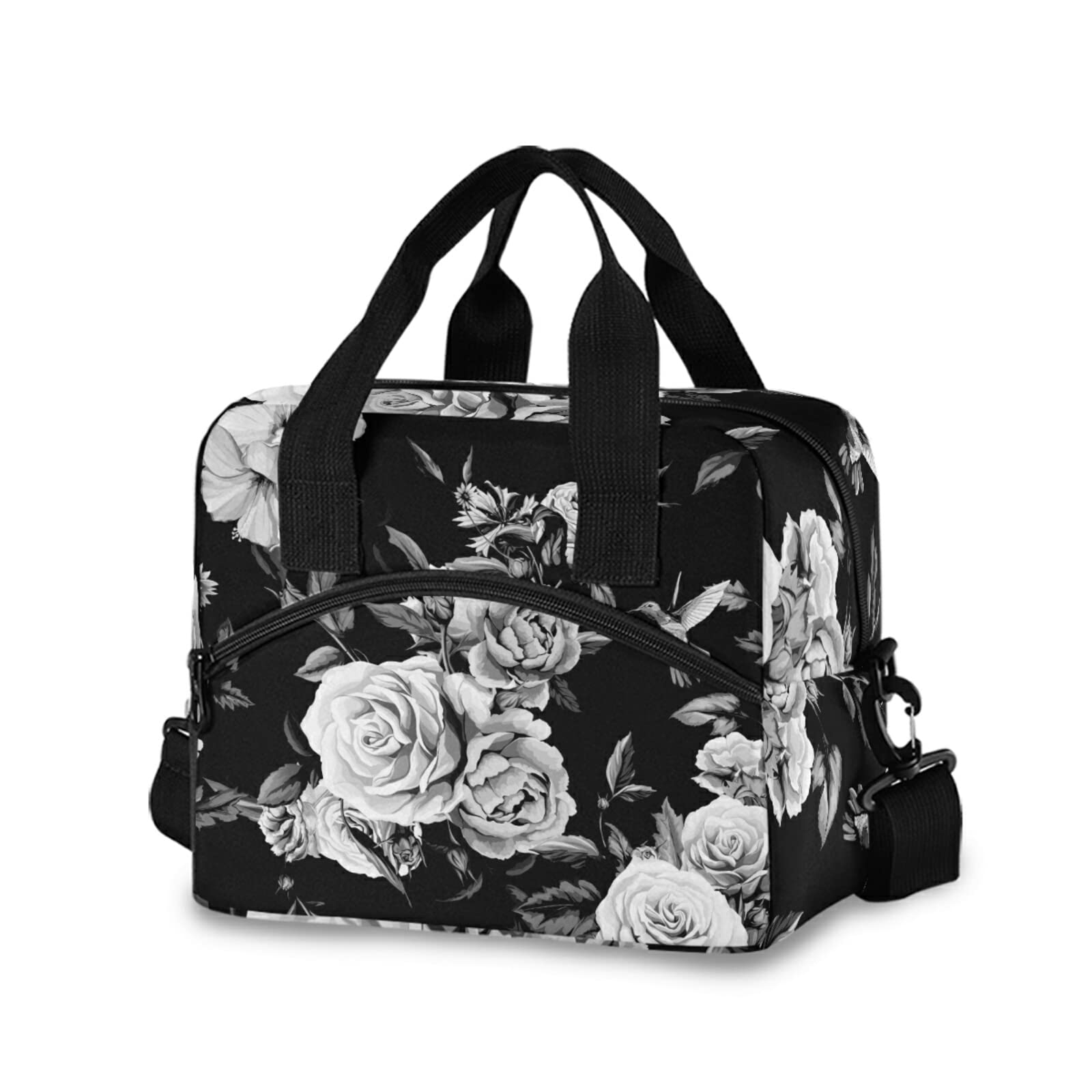 Leakproof Insulated Lunch Bag with Hummingbird & Floral Design - Reusable Cooler Lunchbox Tote with Adjustable Shoulder Strap for Work, School & Travel | White Roses & Peonies on Black Background