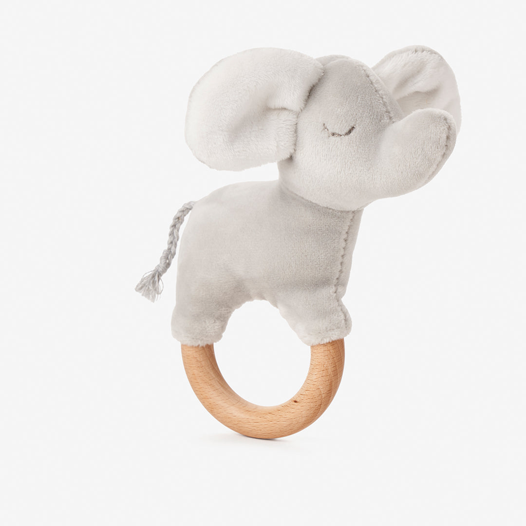 Velour Elephant Wooden Ring Rattle - Soft Baby Teether Toy with Natural Wooden Rings | Perfect for Newborn Sensory Play & Early Childhood Development