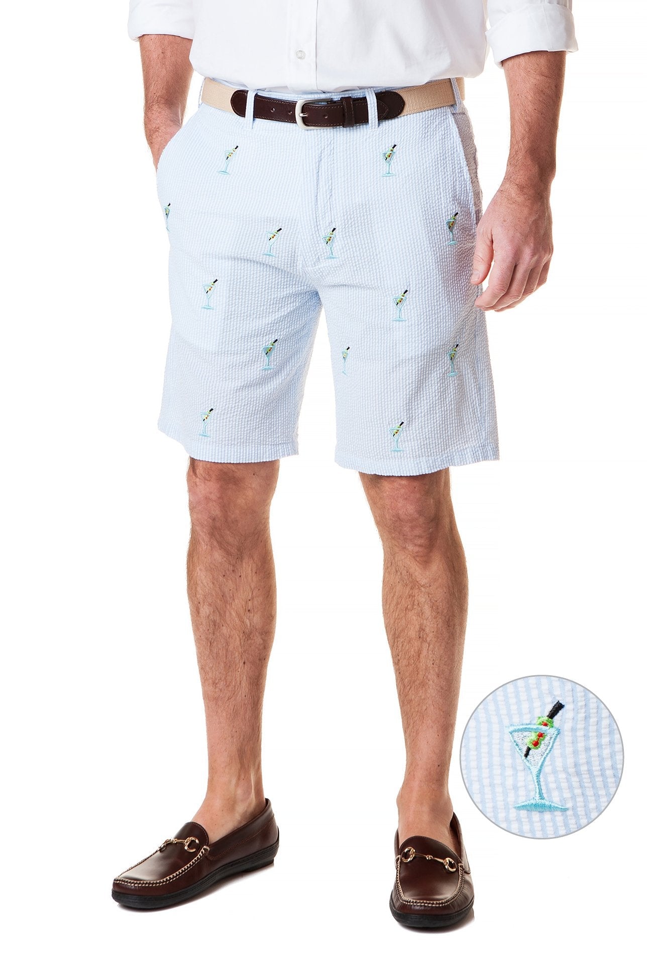 Cisco Embroidered Short Sleeve Blue Seersucker Shirt with Martini Design | Casual Summer Wear for Men | Perfect for Beach Parties & Outdoor Events